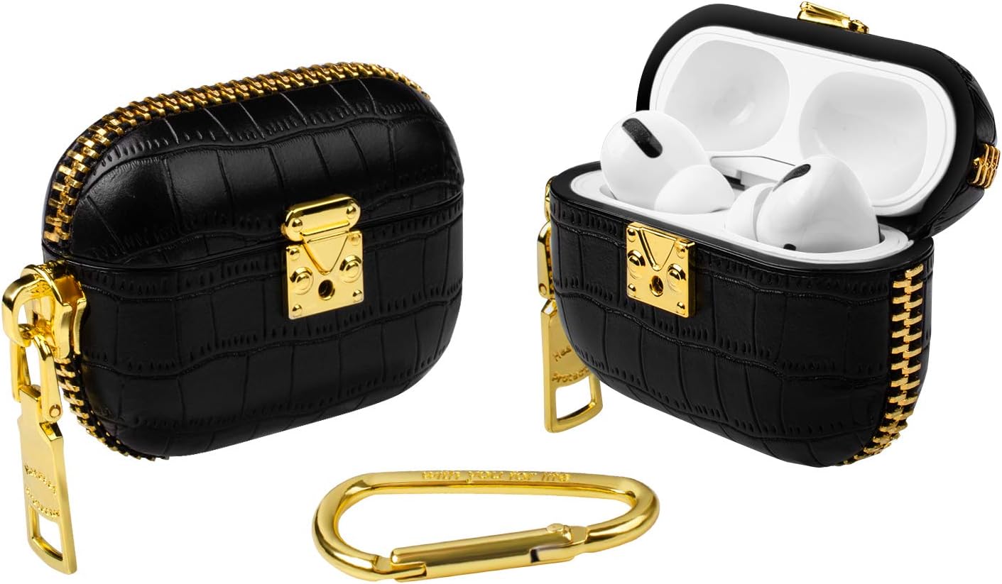 WEISHIJIE Case for AirPods Pro, Airpods Pro Case Cover, Genuine Leather AirPods Case with Crocodile Pattern & Electroplating Metal Keychain & Gold Buckle (Black)