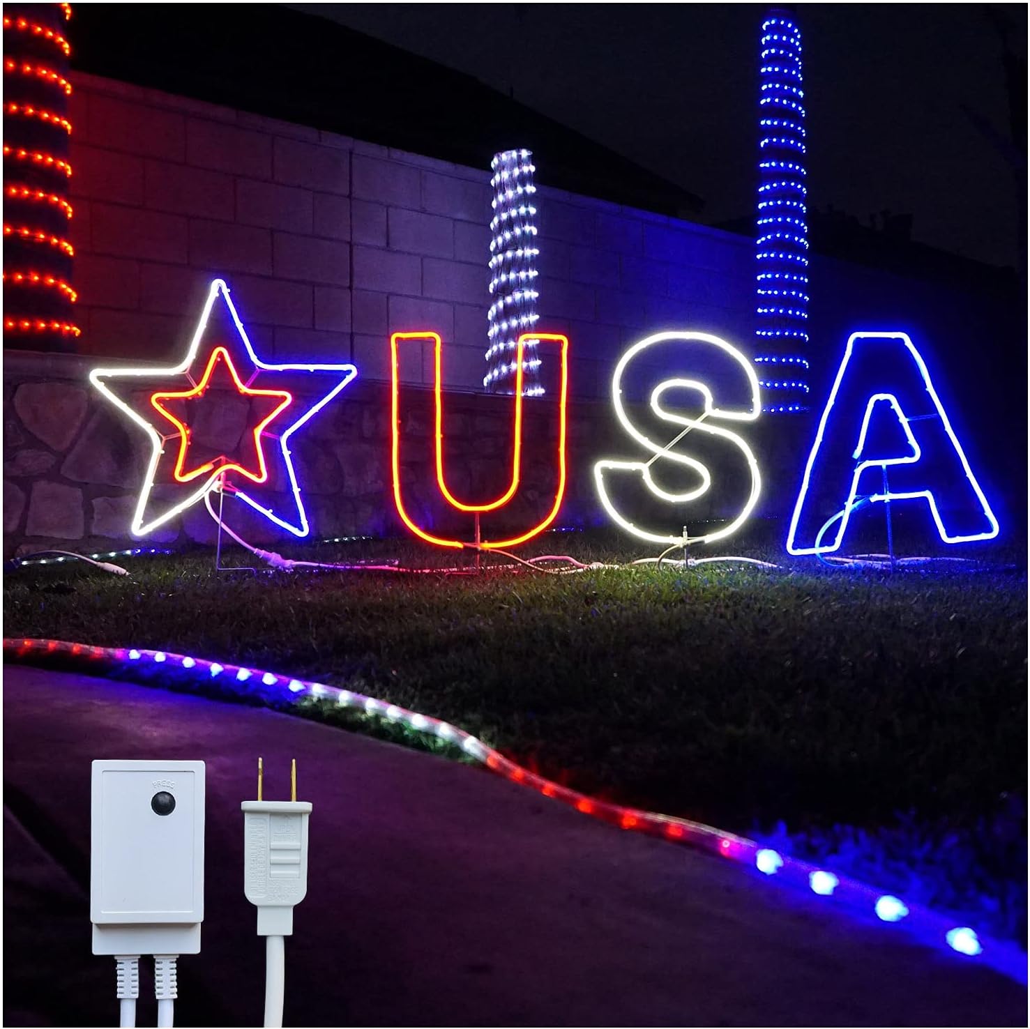 Russell Decor USA Patriotic Yard Sign Liights Star with 4-Level Dimmable Controller Waterproof Outdoor lights Red White Blue (6 ft x 2 ft)