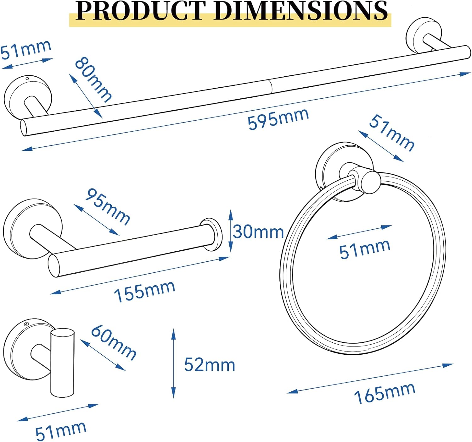 HOMOTEK 4 Pieces Bathroom Accessories Hardware Set, 24 inch Towel Bar, Towel Ring, Robe Hook, Toilet Paper Holder, Stainless Steel Rack Kit Wall Mounted, Gold