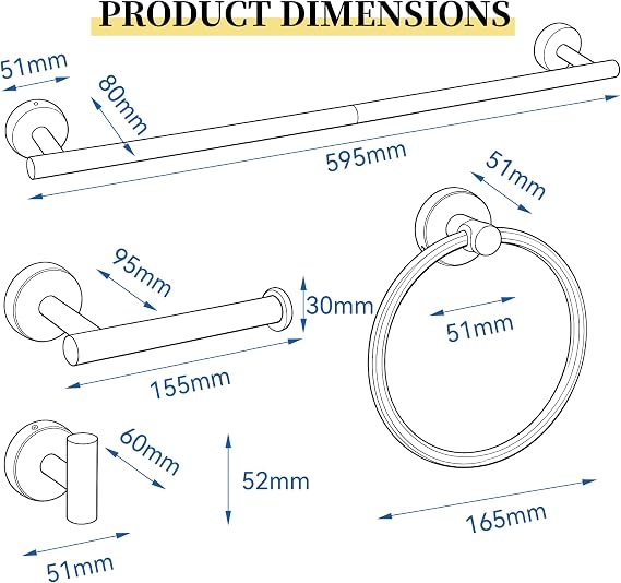 HOMOTEK 4 Pieces Bathroom Accessories Hardware Set, 24 inch Towel Bar, Towel Ring, Robe Hook, Toilet Paper Holder, Stainless Steel Rack Kit Wall Mounted, Brushed Stainless Steel