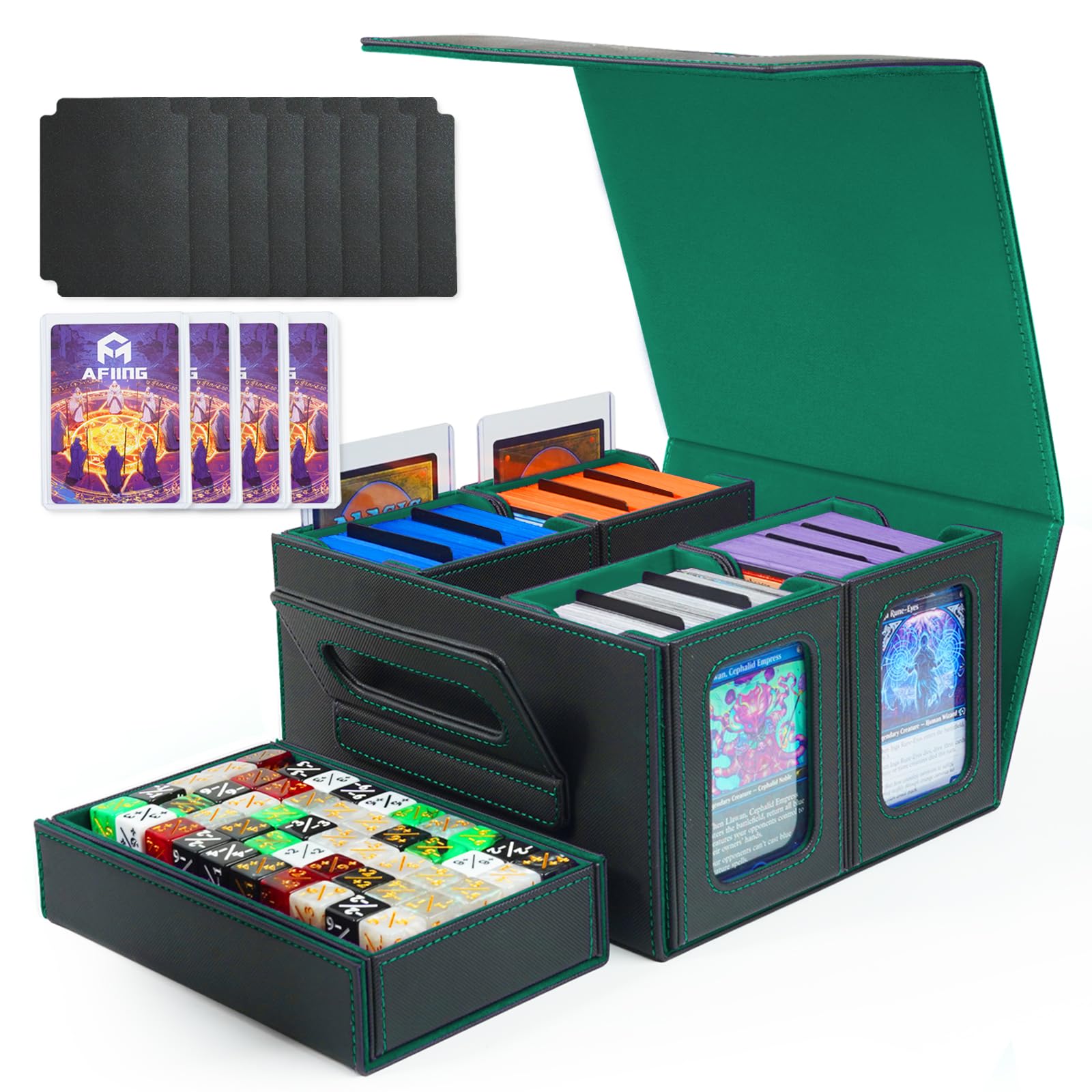 AFIING Commander Deck Box for MTG, Holds 400+ Double-Sleeved Cards, 5-in-1 Trading Card Storage Box with 4 Removable Deck Cases, Dice Tray & Handle (Green)