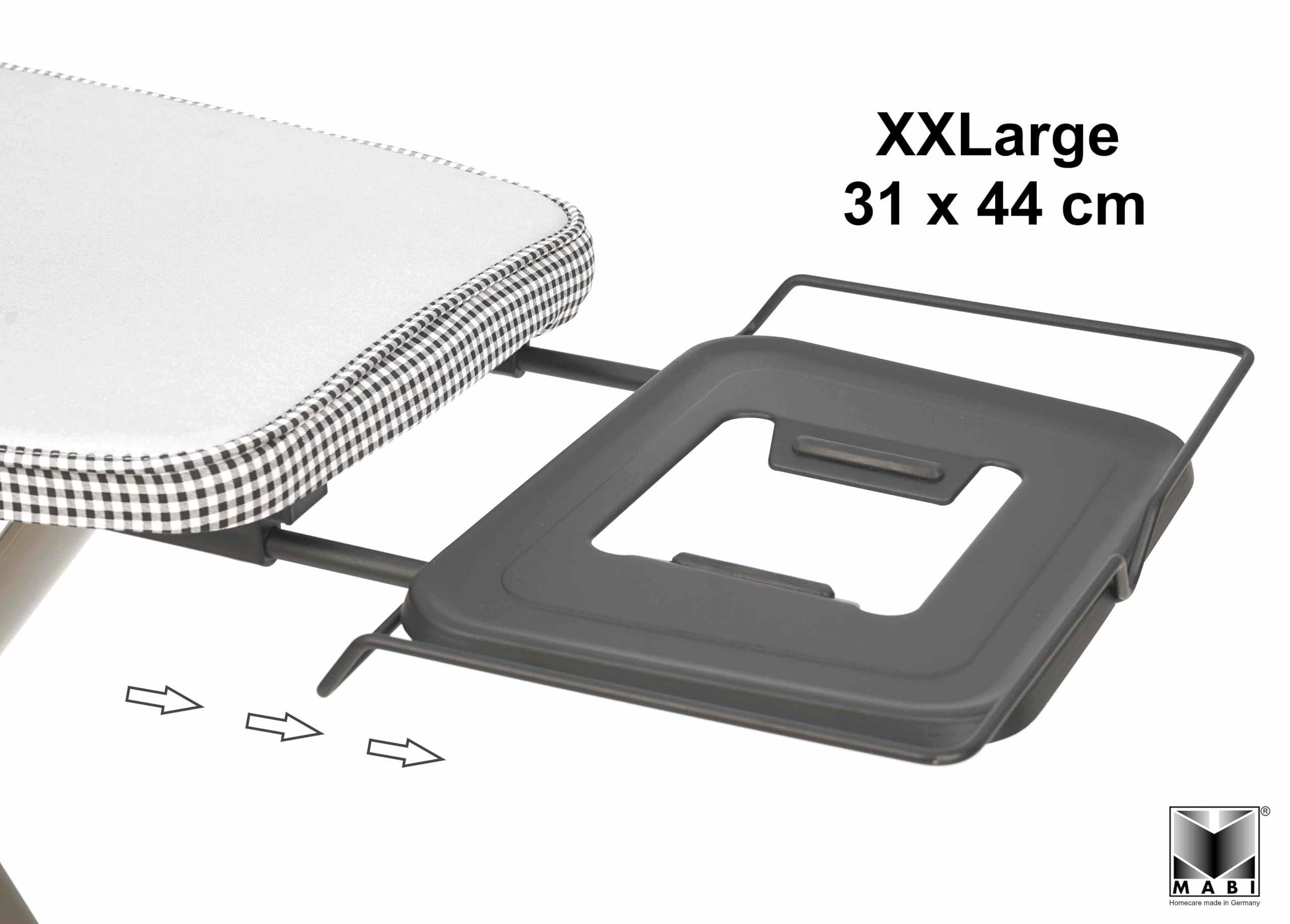 Mabi® 2000RL | Tabla de planchar profesional con superficie XXL 130×47 cm, muy estable, altura regulable y ruedas. | Con soporte XXL para plancha Homecare Made in Germany