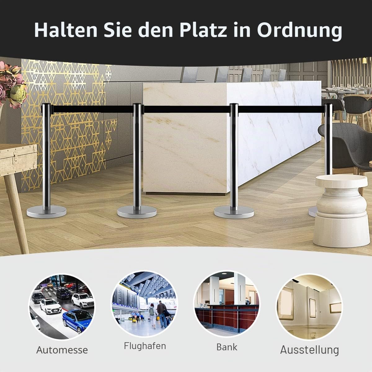 GIANTEX 6x Absperrständer Personenleitsystem, Absperrpfosten Metall Edelstahl, Absperrungen Abgrenzungsständer mit 2 m Absperrband schwarz, Abgrenzungspfosten für Flughafen, Ausstellung, roter Teppich