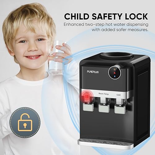 Miniatura 6 de PUREPLUS Dispensador de enfriador de agua de carga superior, enfriador de agua de encimera para botellas de 3 o 5 galones, agua caliente y fría, 3