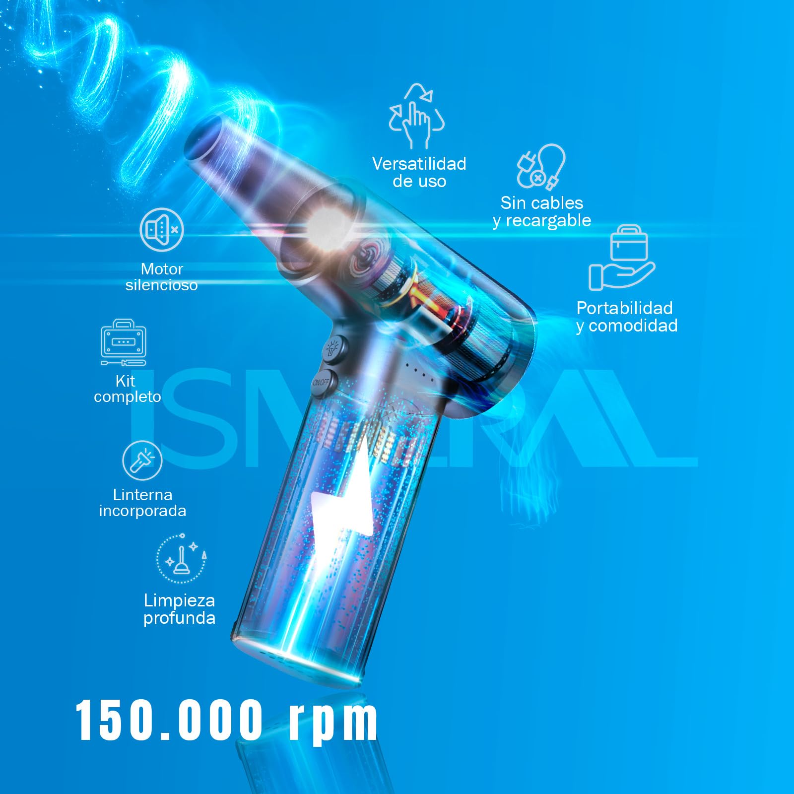 SÚPER Soplador De Aire Potente de 150000RPM BRUSHLESS ISMERAL® + 9 Boquillas + Cepillo + Bolsa de Transporte | Soplador Bateria 6000mAh | Aire Comprimido Limpieza pc | Soplador De Aire para pc |