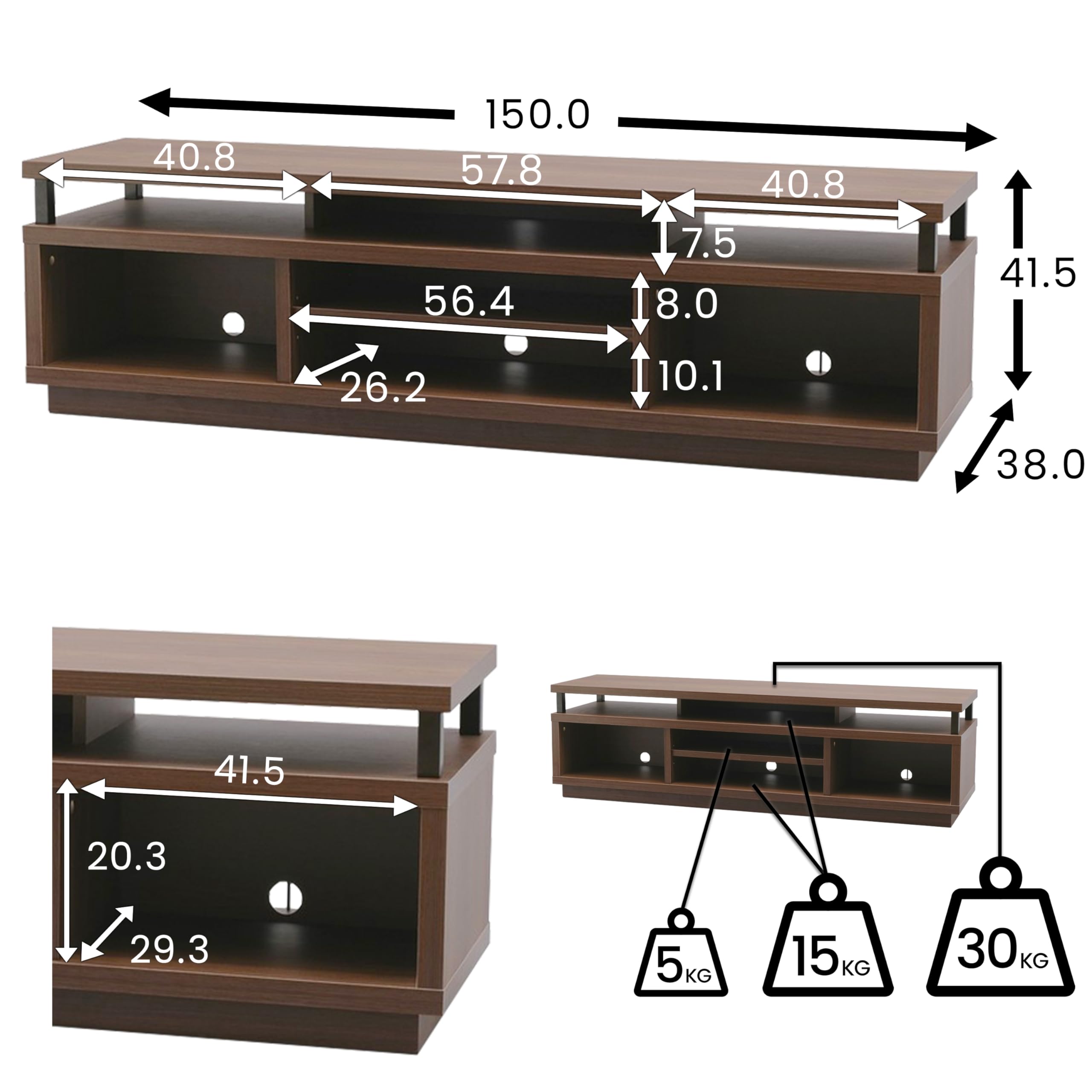 Iris Ohyama, Porta TV/Mobile TV/TV Porta TV in legno/Porta TV con 5 ripiani aperti/TV fino a 65, Legno massello, fori passacavi, Ufficio, Soggiorno - TV Cabinet Middle OTS-150M - Marrone