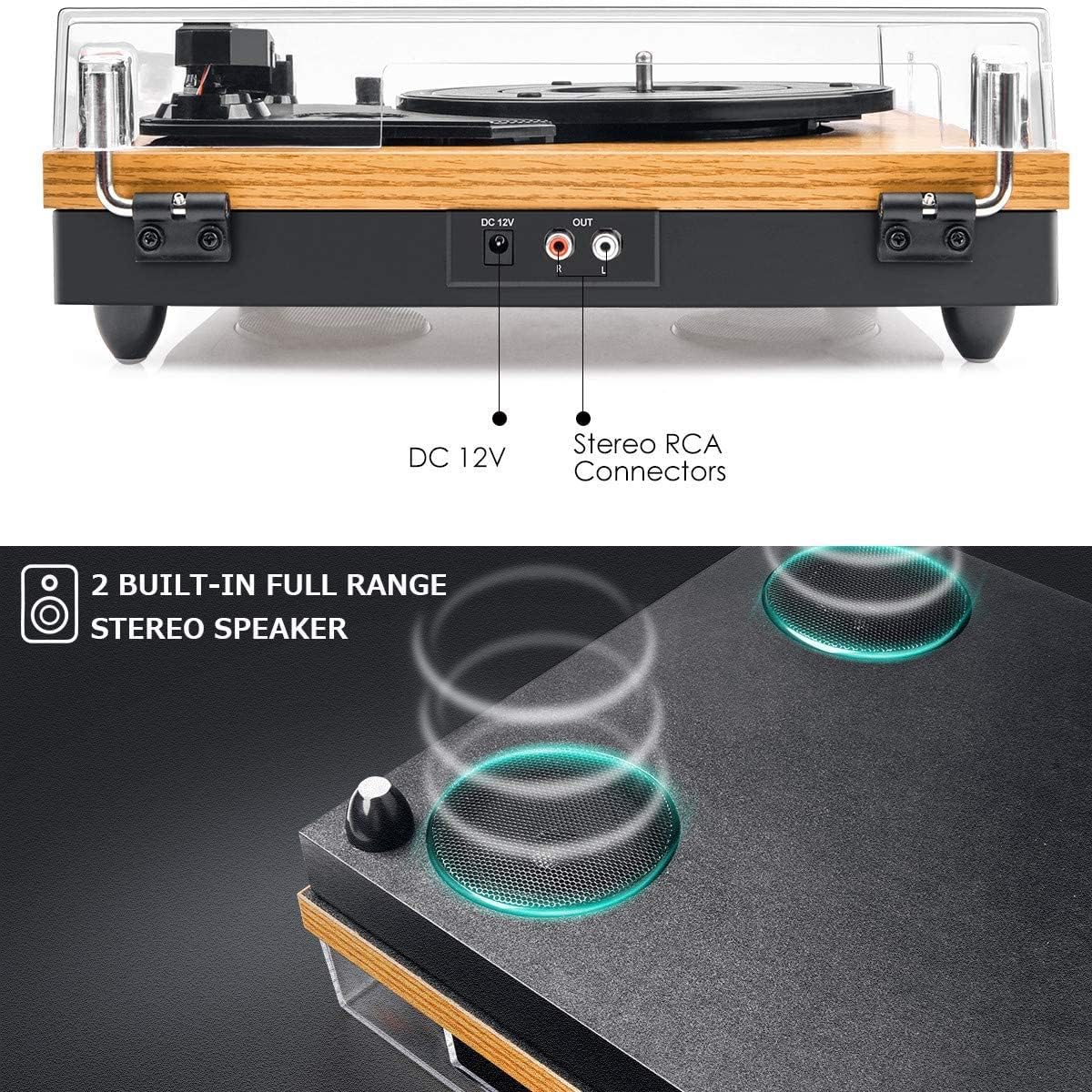 Record Player, Popsky Vintage Turntable 3-Speed Bluetooth Record Player with Speaker, Portable LP Vinyl Player, RCA Jack, Natural Wood