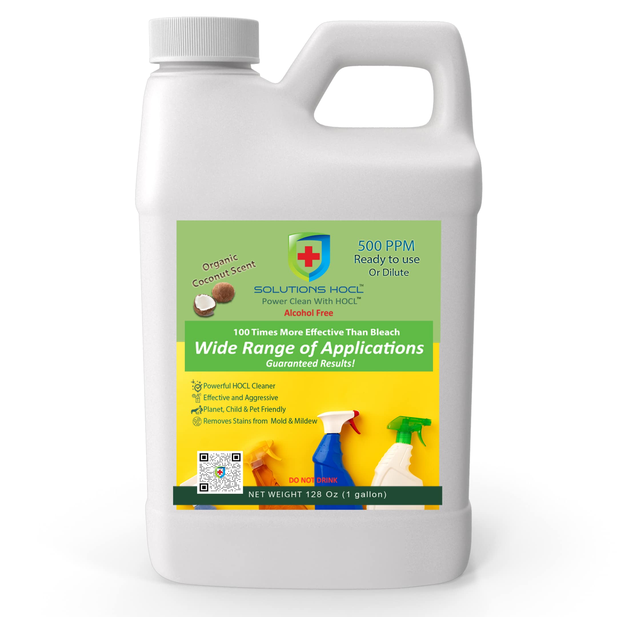 Solutions HOCL - Hypochlorous Acid Power Clean with HOCL - 500 PPM Ready to Use Professional (One Gallon/128 Fluid Ounces) Surface Cleaner for ULV Foggers & Sprayers to Clean Home, Office, School, Restaurant Floor & Hard Surfaces - with a Free Bonus One gram packets of HOCL Powder & a package of Test Strips (Coconut)