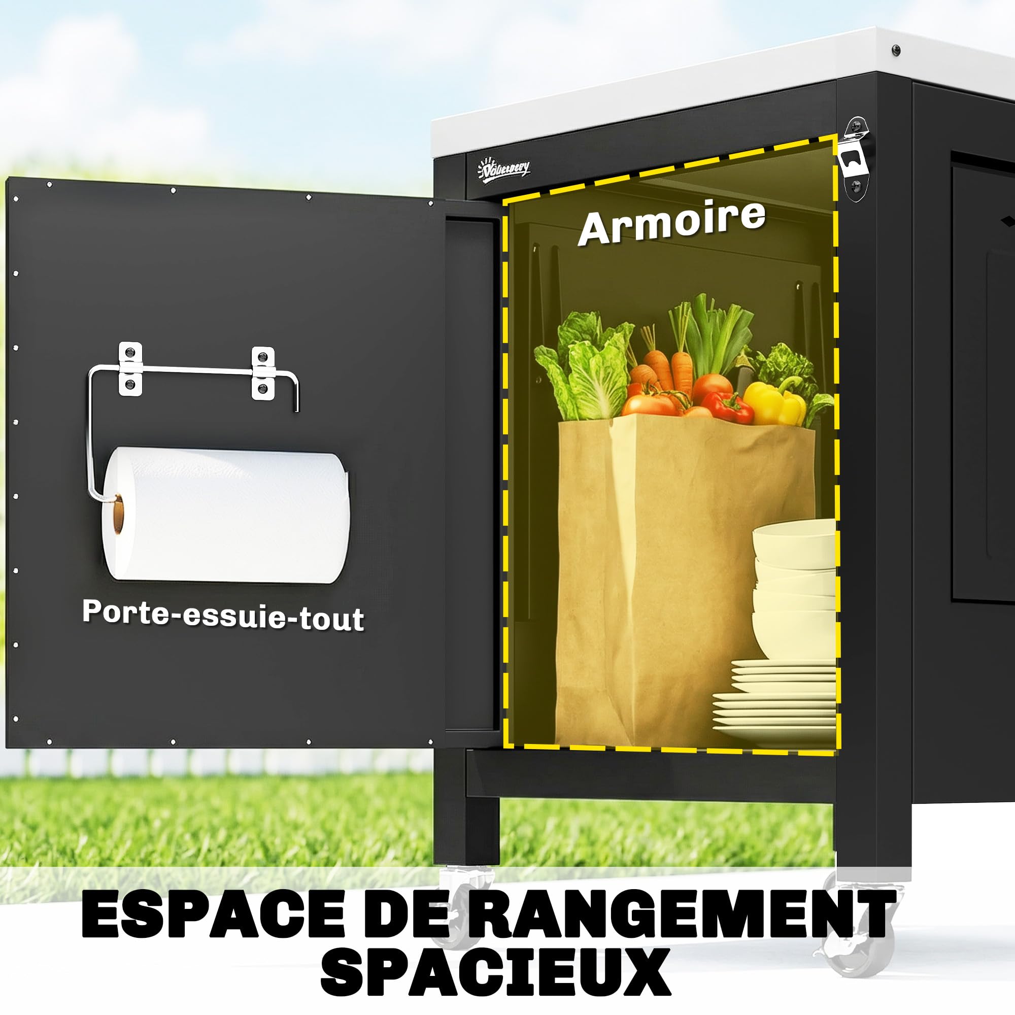 Outsunny Desserte jardin chariot de barbecue sur roulettes îlot de cuisine plateau en acier inoxydable placard Porte-Serviettes, Ouvre-Bouteille 140,5 x 68 x 89 cm Noir
