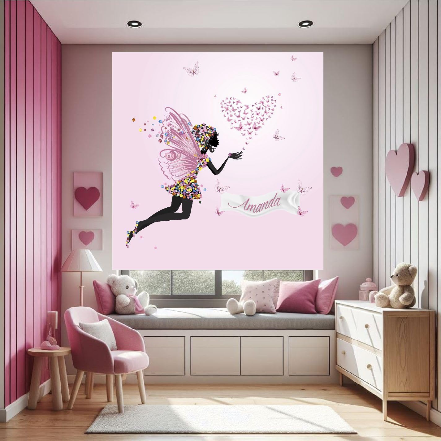Estores Iroa – Estor Enrollable Infantil Personalizado con nombre- Dibujo de Hada Corazon – Estor para Habitación de Niña, Cortina Translúcida, Hecho a mano en España (170x170)
