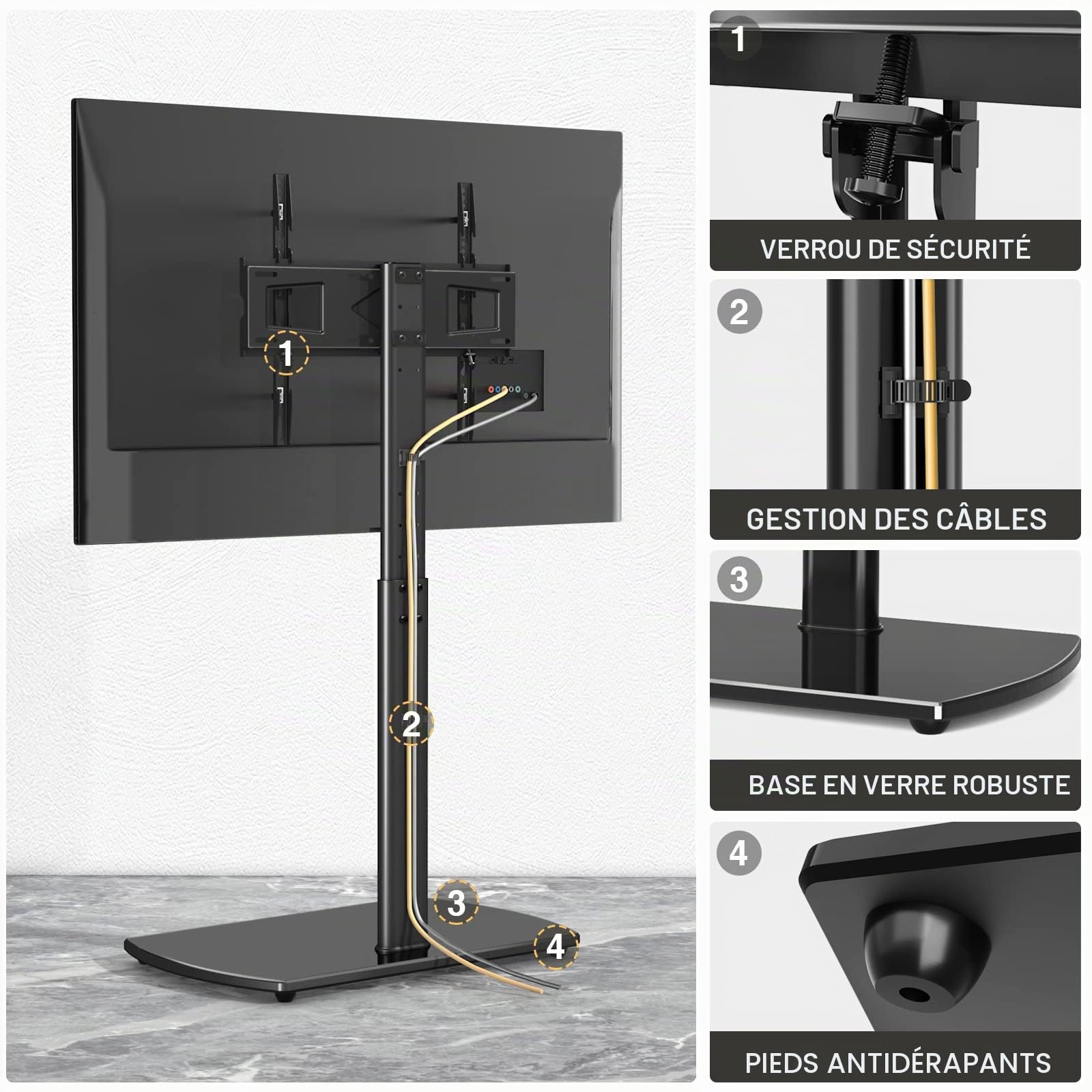 RFIVER Meuble Support TV sur Pied pour Téléviseur de 32 à 65 Pouce Ecran LED LCD Plasma Jusqu’ à 35kg Pied TV Pivotant à 60 Degrés Hauteur Réglable Gestion des Cables