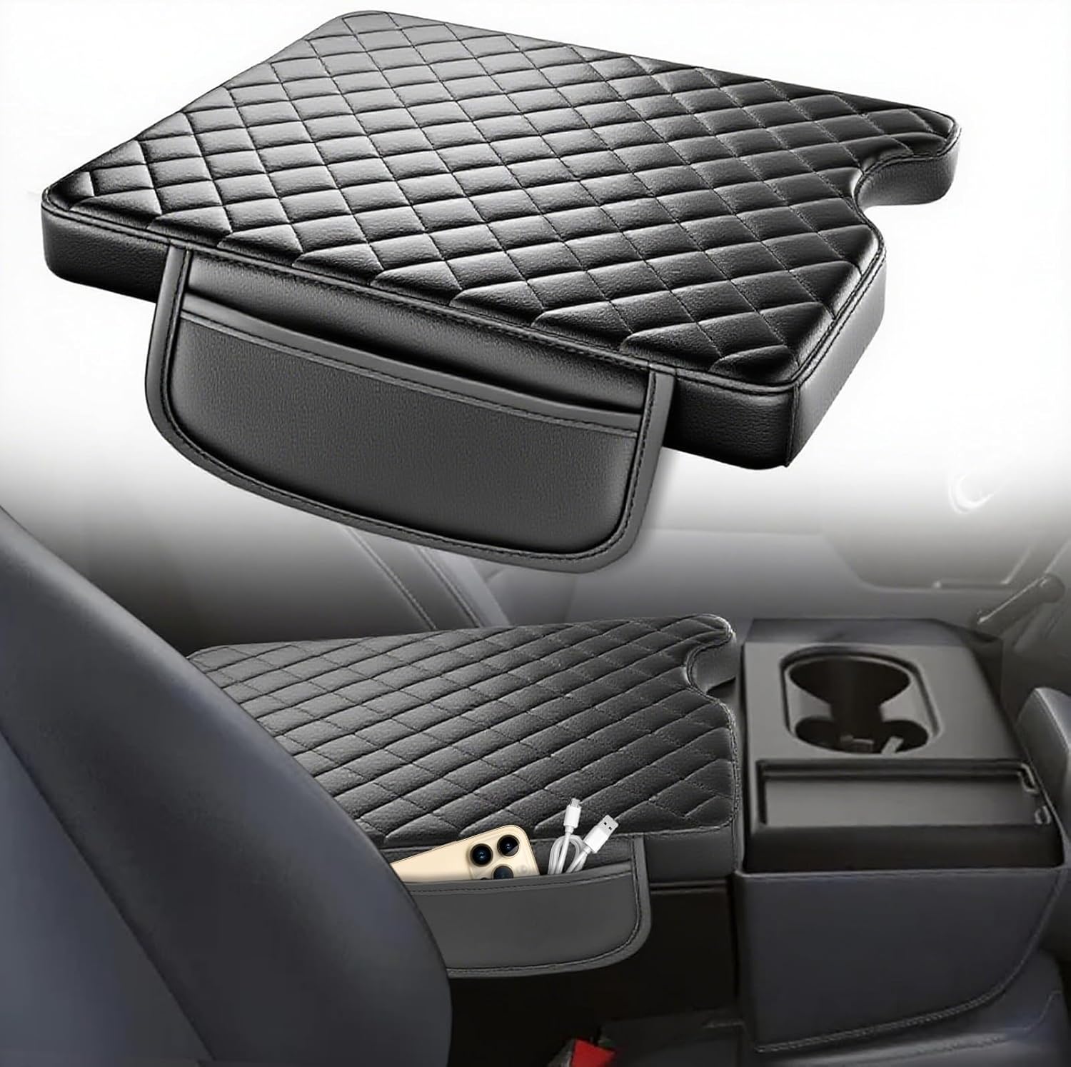 AZEAM Center Console Cover for 2015-2026 Ford F150, 2017-2026 F250 F350 F450 with 40/20/40 Jump Seat, Leather Middle Console Armrest Cover Accessories with 2 Sided Pockets (Jump Seat Only)
