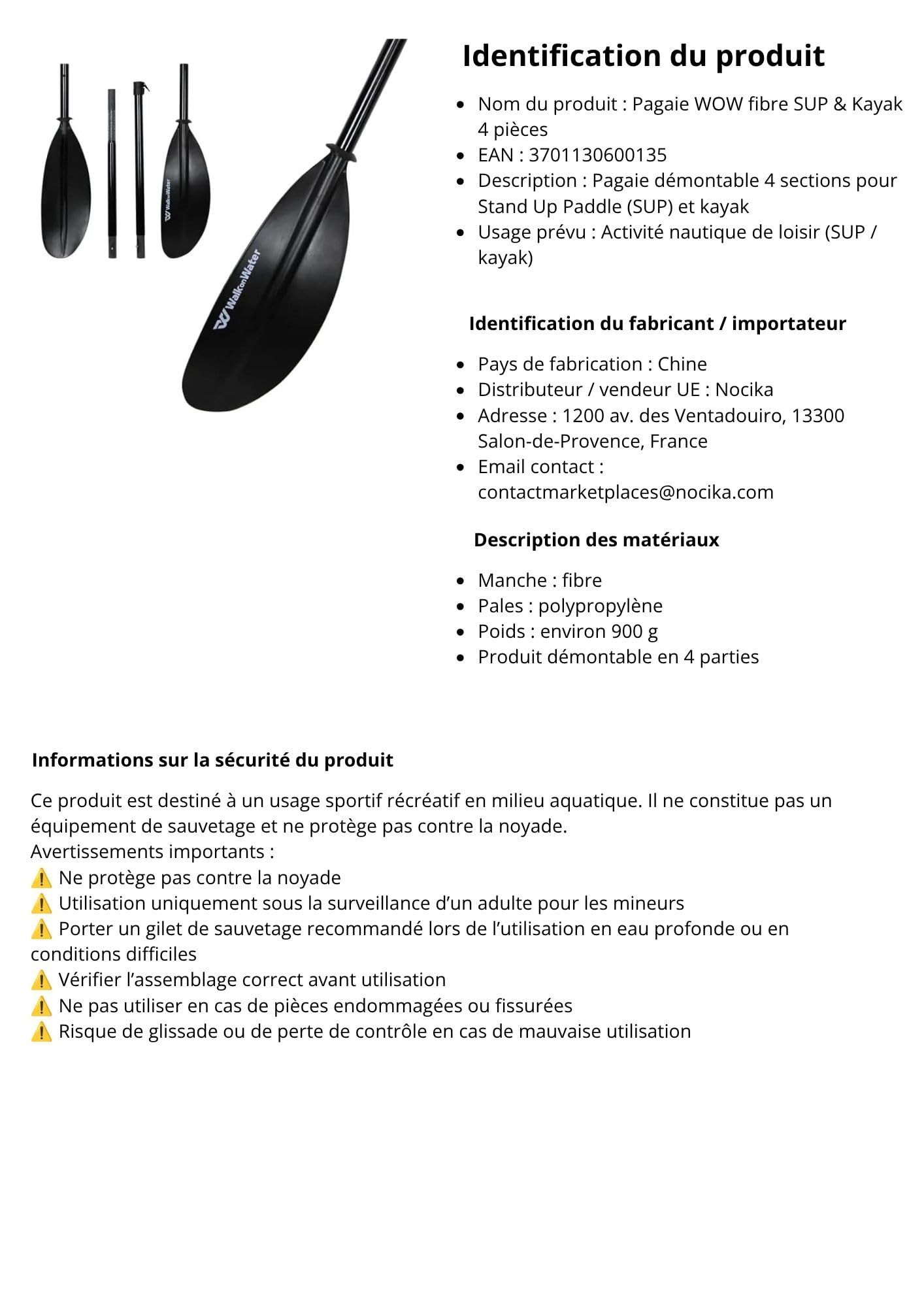 Walk on Water WOW Paddel, Faser, 4 Teile, Vario, verstellbar 210 – 220 cm, ultrakompakt, 65 cm, Winkel verstellbar, symmetrisch/asymmetrisch, robuste Flügel & Tropfenfänger