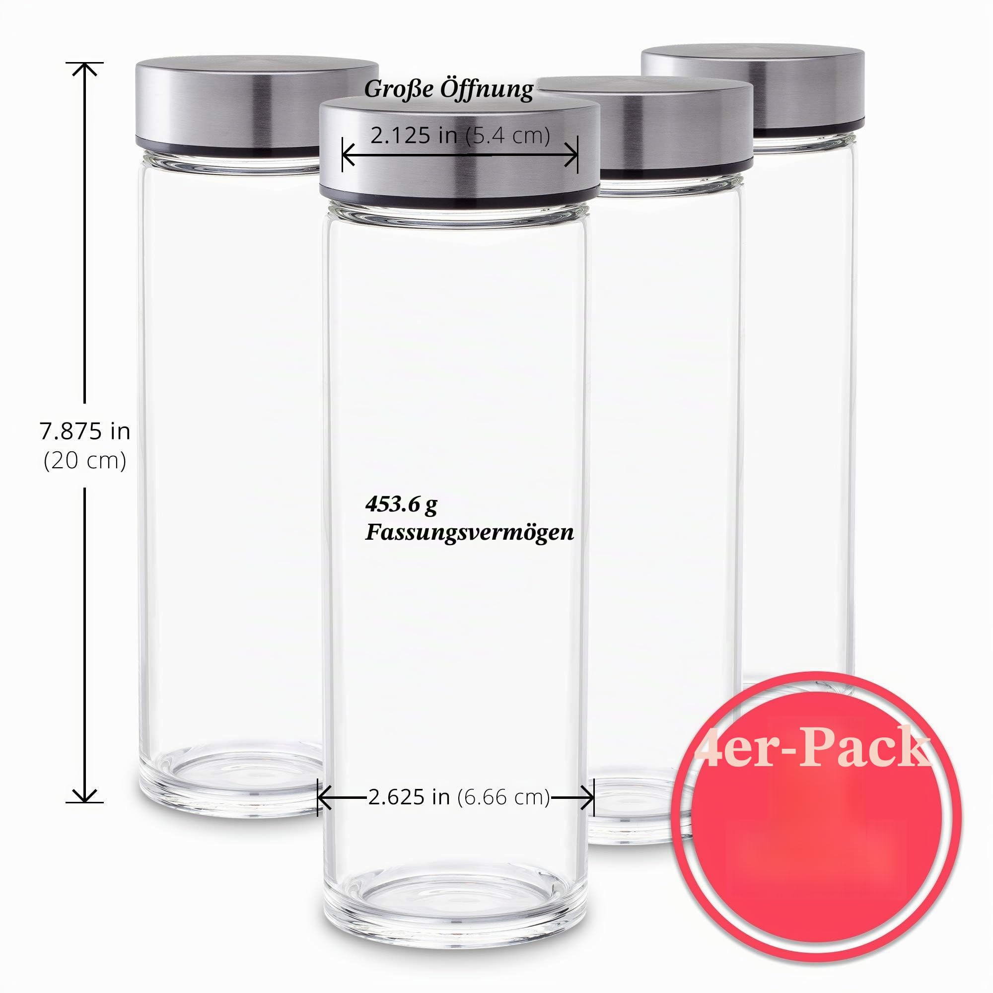 Saftflaschen – 4 Stück breite Öffnung Glasflaschen mit Deckel – zum Entsaften, Smoothies, infundiertes Wasser, Getränkeaufbewahrung – 473 ml, BPA-frei, Edelstahldeckel, wiederverwendbar, Borosilikat