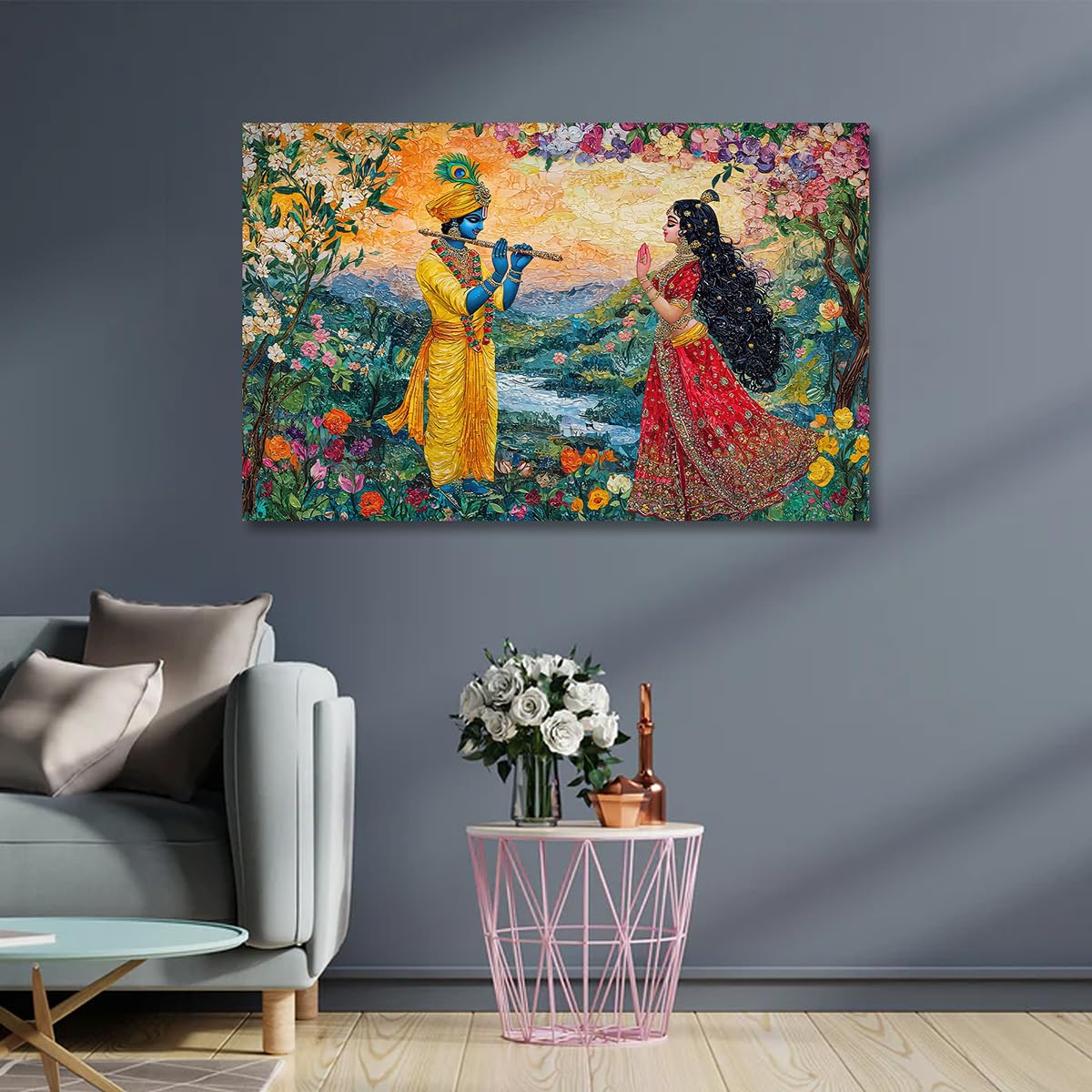 7 Colours Decors Canvas Painting Wall Frame | Radha Krishna in Scenic Landscape | Divine Artwork with Flute, Peacock Feather Crown, and Devotional Pose | Vibrant Spiritual Wall Art for Living Room and Office (36x24 Inches)-image-38