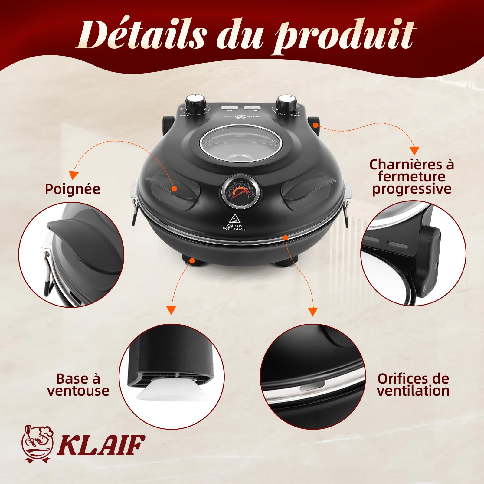 KLAIF Four à pizza électrique de comptoir avec pierre céramique de 31 cm, deux commandes de température réglables, dont 4 ustensiles à pizza, LMC-Noir