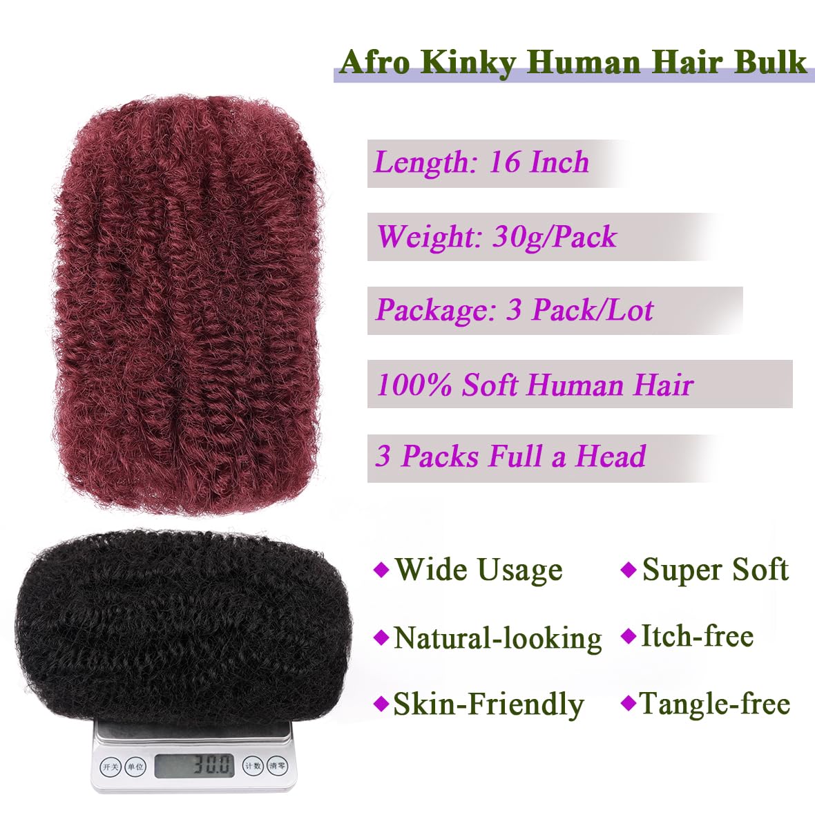 Kackanaa 16 Inch Dark Ginger Afro Kinky Curly Human Hair Bulk for Dreadlock Extensions and Repair Locs, 3 Packs, Marley Twist - Image 4