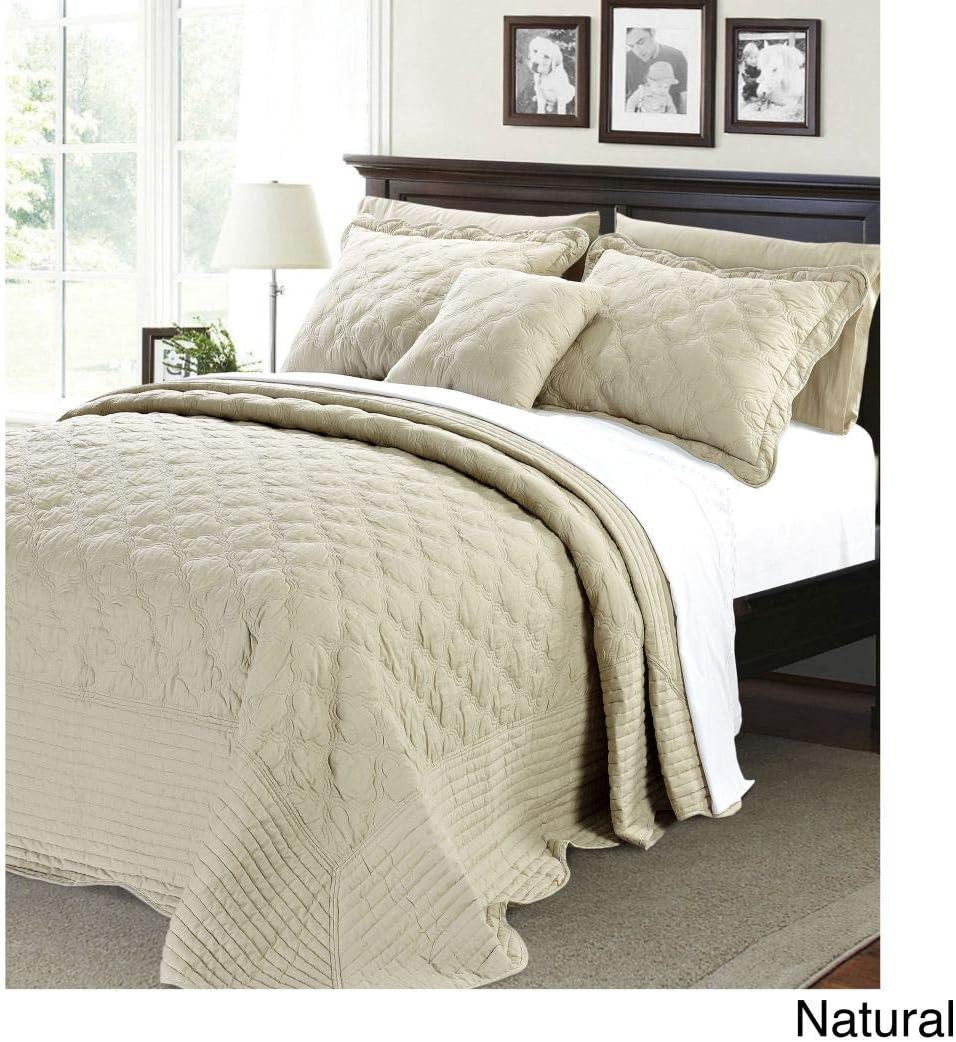 OSD Black 4pc 110 X 120 Natural Cream Oversized Bedspread Queen Floor Set, Quatrefoil Cotton Polyester, Extra Long Quilt Bedding Drops Over Edge Bed Hangs Side Frame Wide Large French Country Classic