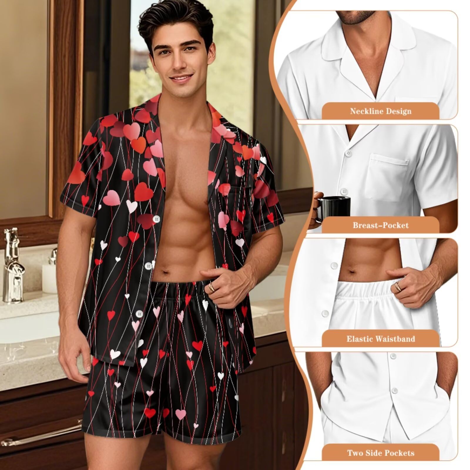 Conjunto de pijama a juego para parejas, de manga corta, con botones, ropa de dormir, Corazones rojos, M