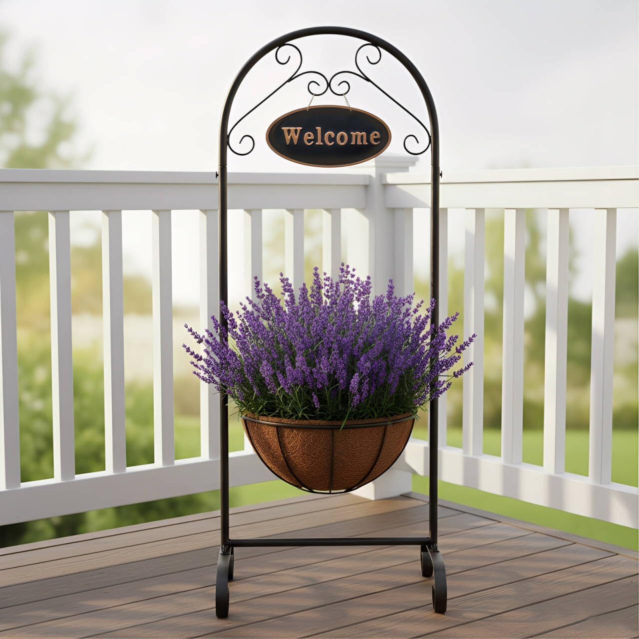 SUNNYPARK Black Metal Welcome Sign Hanging Basket Stand - 40 Inch Decorative Planter Holder for Outdoor/Indoor Plants, Flowers, Herbs - Rustic Garden Decor
