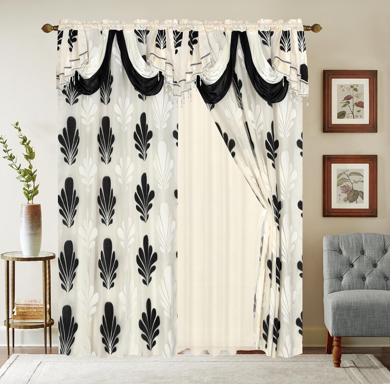 Generic Set of 2 Pieces Shopia 2 Tone Luxury Jacquard Chiffon with Attached Valance with Beads and Tassels Window Curtain Bedroom, Living Room, and Dining Room (108 x 84 inches) (Grey - Black)