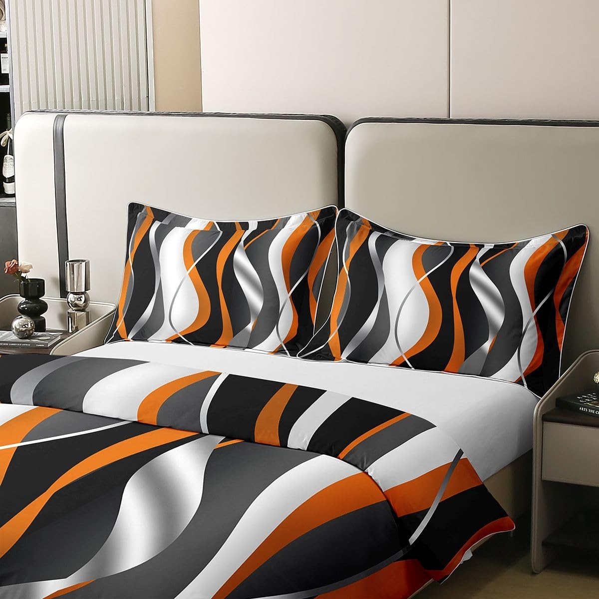 Orange Grey Black Duvet Cover 100% Cotton Geometric Spiral Pattern Duvet Set for Modern Luxury Bedding 100% Cotton Set Abstract Art Duvet Cover 100% Cotton with 2 Pillowcases King Size Zipper