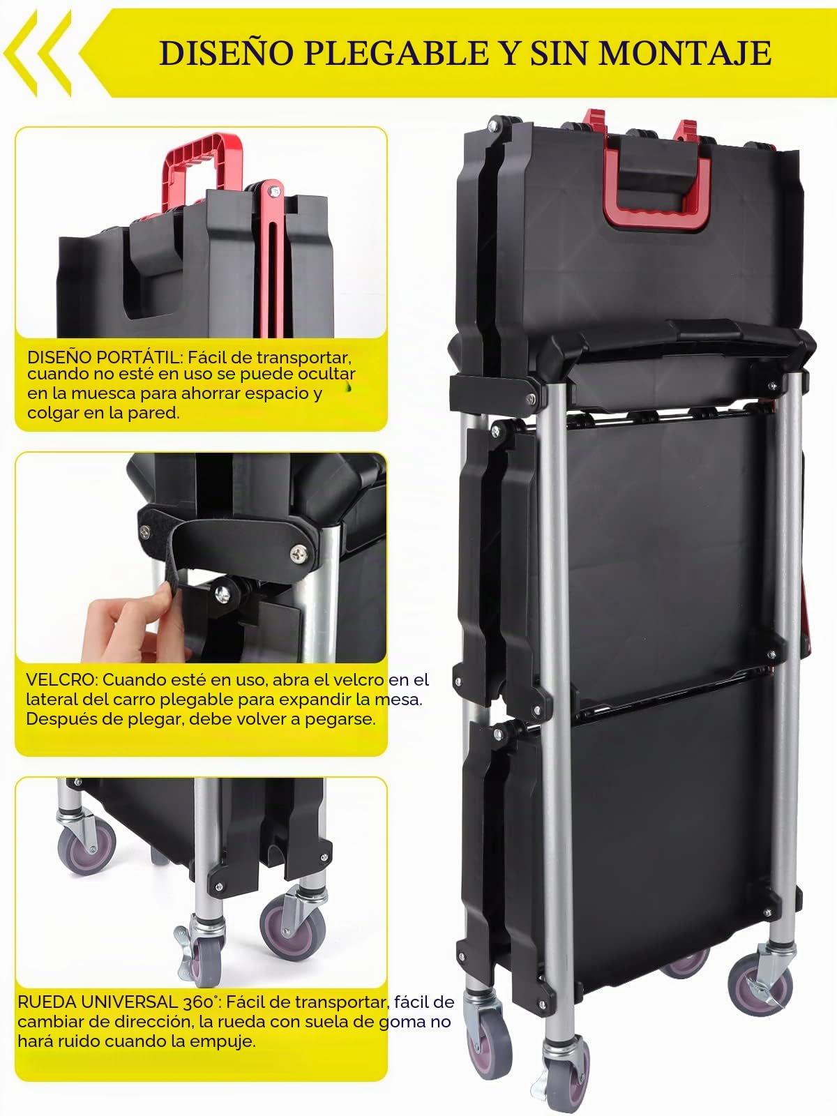 EBANKU Carros de Servicio, Carrito de Servir Carrito de Cocina Plegable con Ruedas No Requiere Montaje, Carro Multiusos para Oficina, Restaurantes, Almacén y Casa