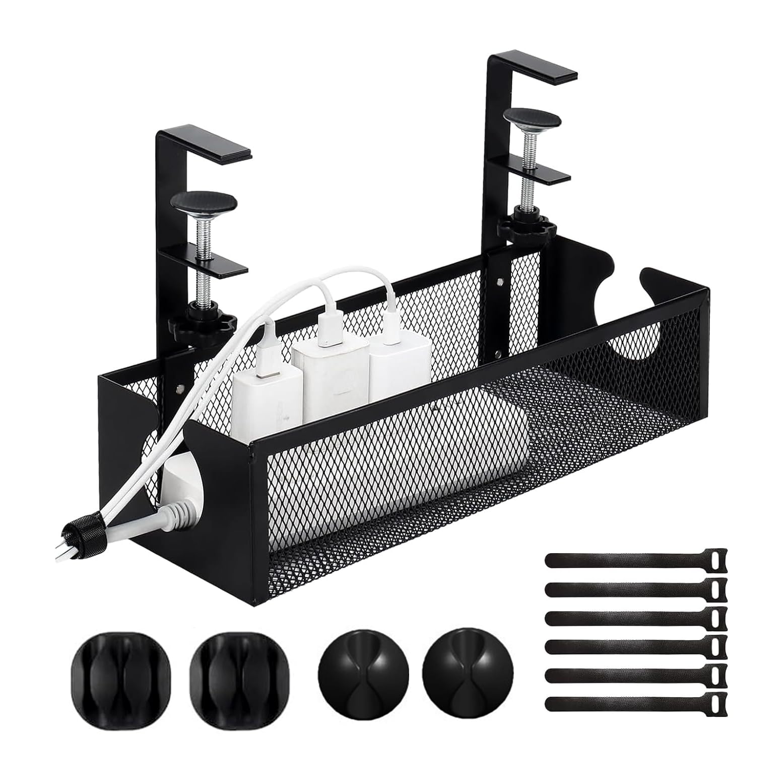 Black Cable Management Tray, Cable Management Under Desk No Drill, Cable Tray with Clamp & Cable Ties for Office, Home - No Damage to Funiture (129-01)