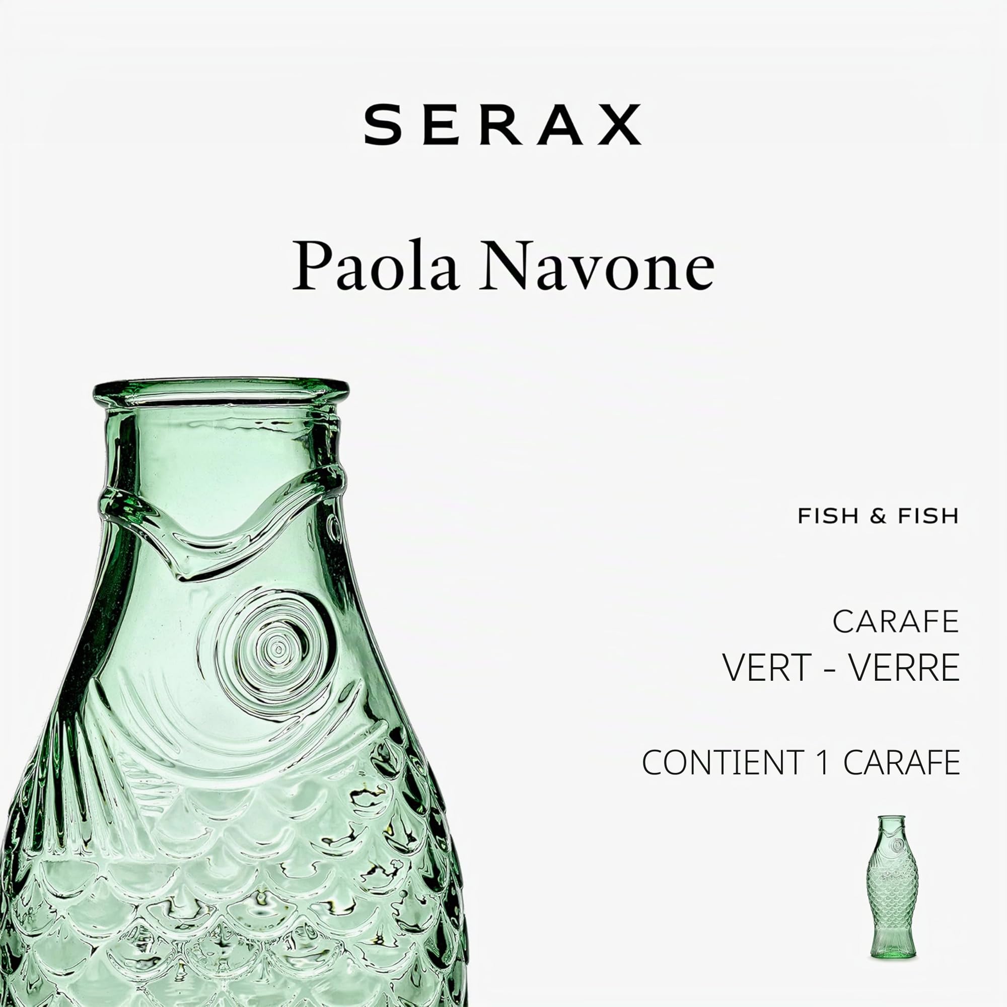 Carafe en verre pour l'eau | Collection Fish & Fish par Paola Navone | Carafe 850 ml | Bouteille conteneur transparent vert pour boissons