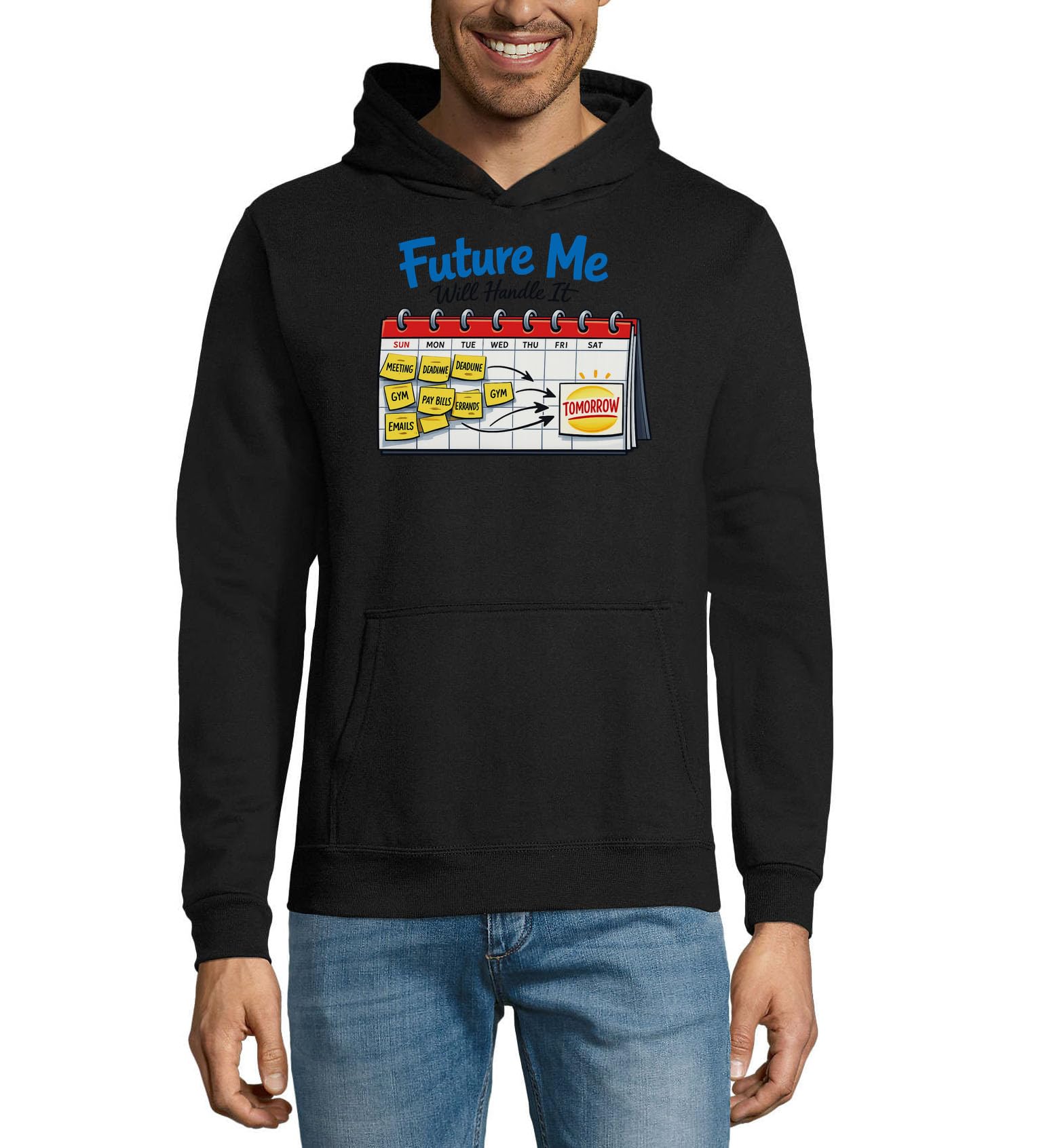 Procrastination Illustrated on Weekly Calendar Felpa con cappuccio unisex misto cotone nero