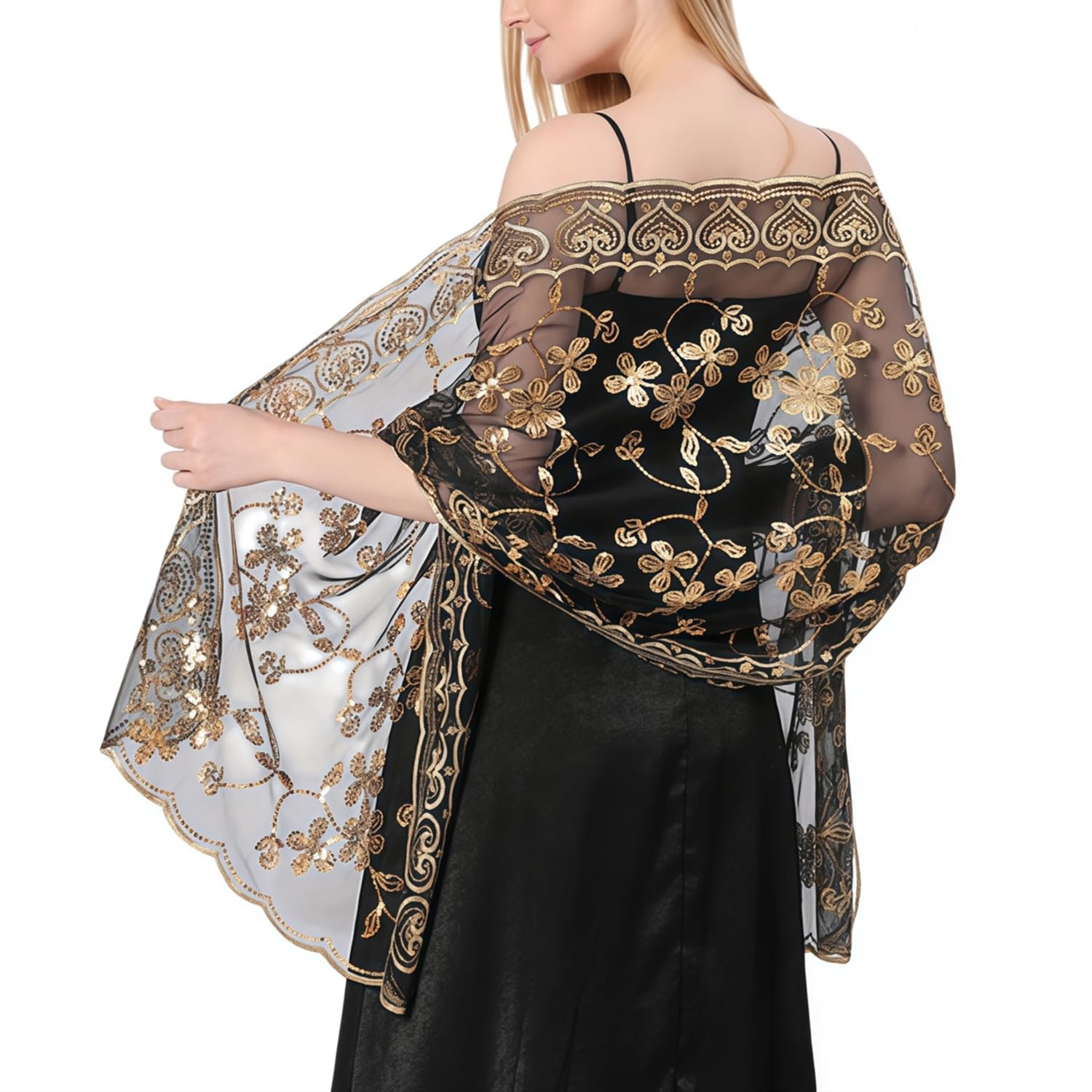 Manjiamei Women's Black Gold Flower Heart Sequin Shawls And Wraps For Evening Dresses, Elegant Embroidered Sparkly Long Scarf Sheer Mesh Wedding Stole For Bridal Cocktail Parties Proms,