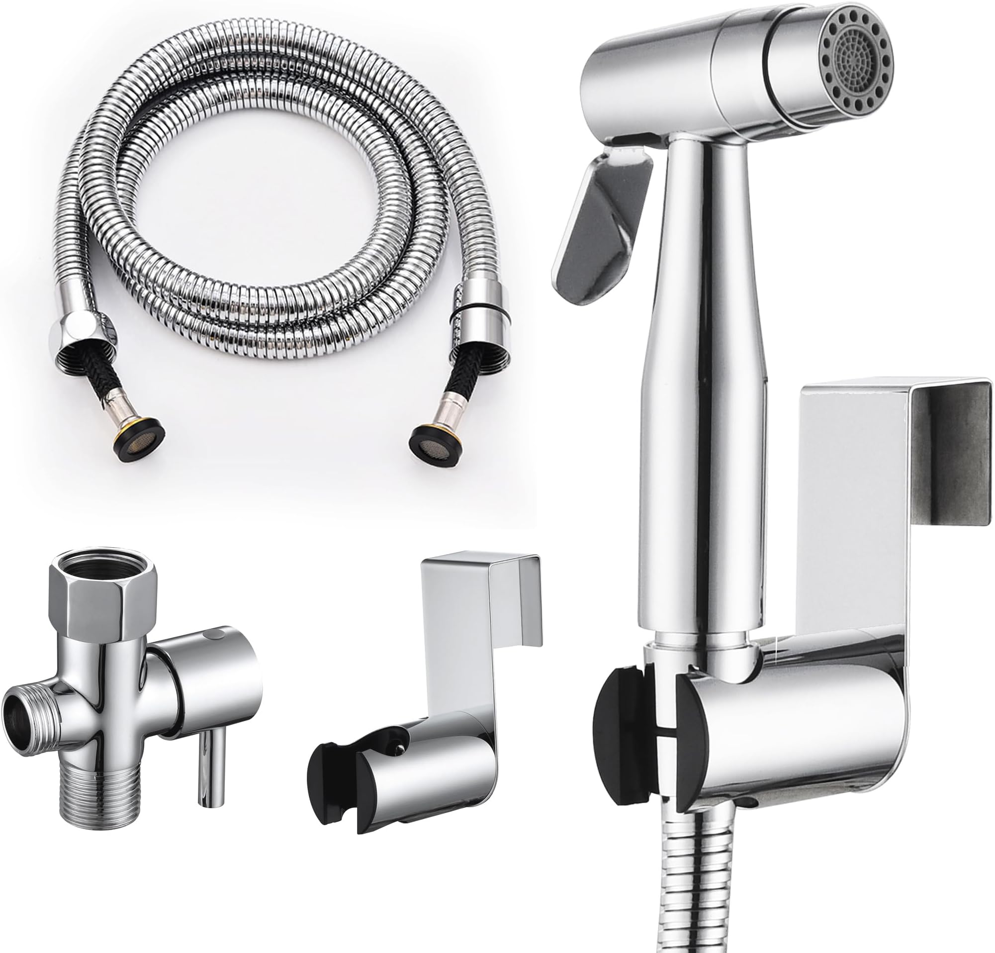 Bidet Sprayer for Toilet Chrome, Handheld Bidet Sprayer for Toilet with Stainless Steel Toilet Bidet Sprayer Head, Bidet Attachment for Toilet with Brass T Valve and Nylon Hose. SE-0001-CP