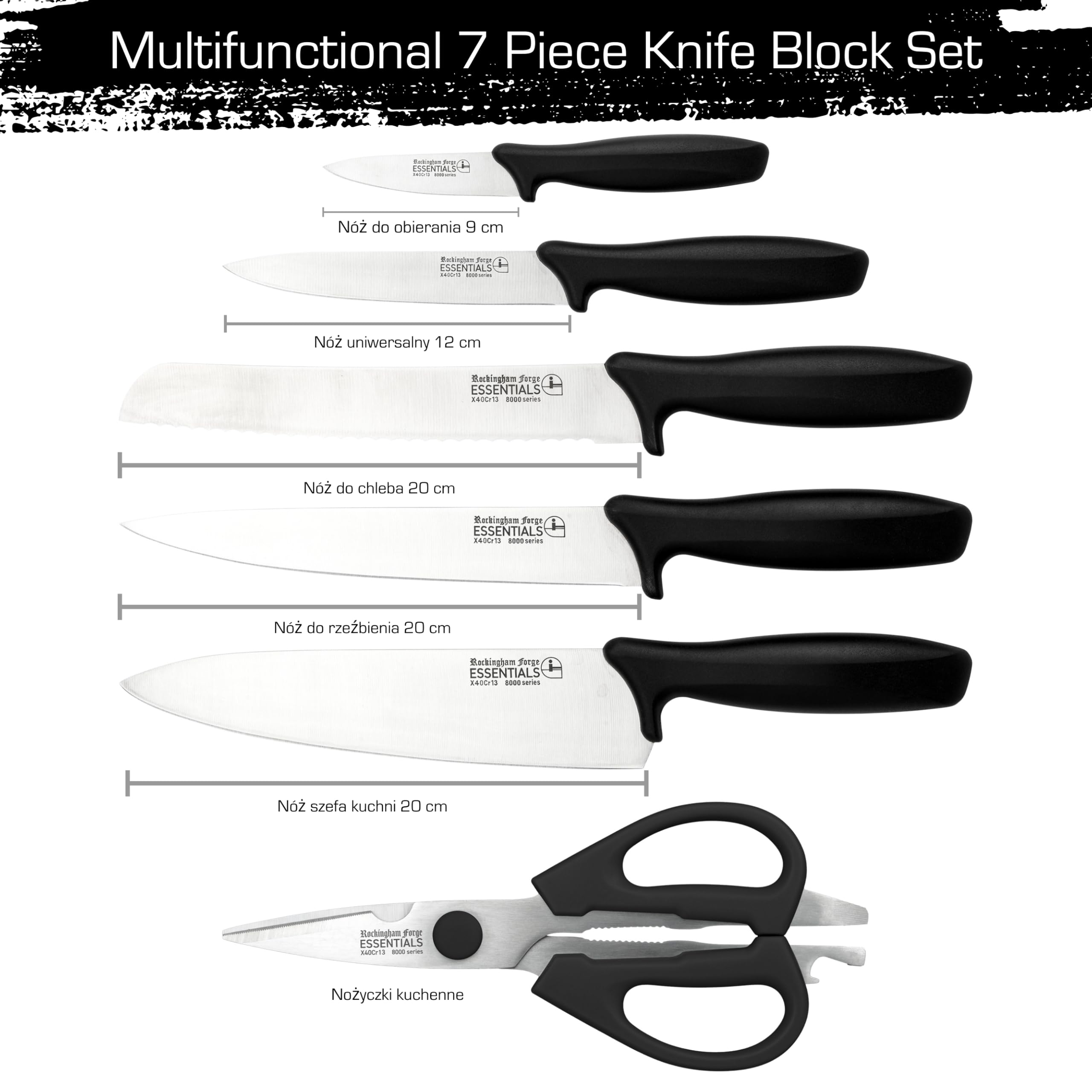 Rockingham Forge 8007 Essentials Range 7-Częściowy Zestaw Noży w Bloku, Stal Nierdzewna, Czarne Uchwyty, 5 Noży, 1 Para Nożyczek i 1 Blok