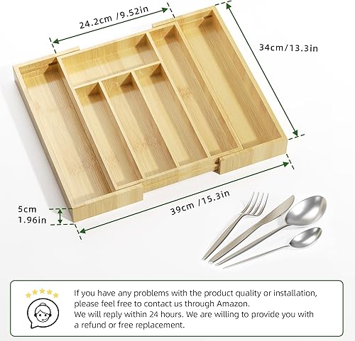 Miniatura 5 de Organizador de cajones de bambú expandible organizador de cubiertos ajustable de 9.5 a 15.3 pulgadas, bandeja de cubiertos de bambú equipada con