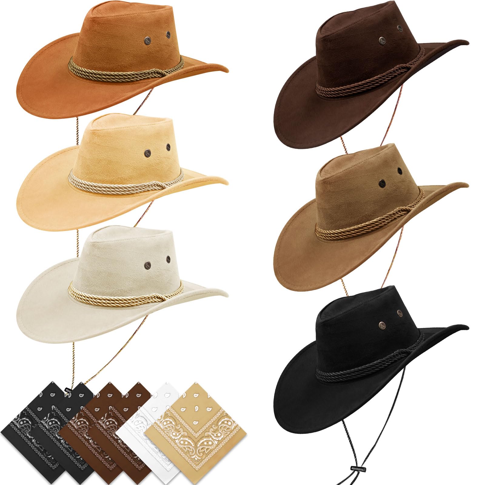 12 Pieces Cowboy Hats and Bandanas Bulk Cowboy Cowgirl Hats Costume Party for Men Woman (Mixed Color)