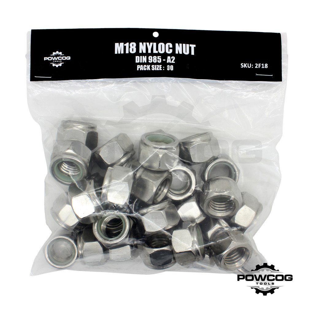 M18 NYLOC NUT - A2 Stainless Steel Lock Nuts Grade 304 Metric - DIN 985 - by POWCOG® - Pack of 30