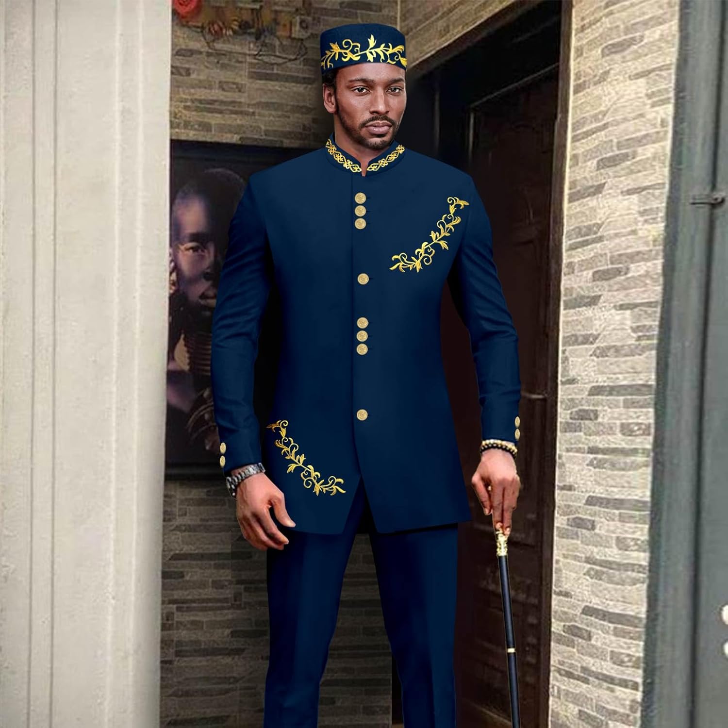 Men's Suit African Outfits Slim Fit Blazer Embroidery Blue Jacket and Trousers Match Hats 3 PCS Set