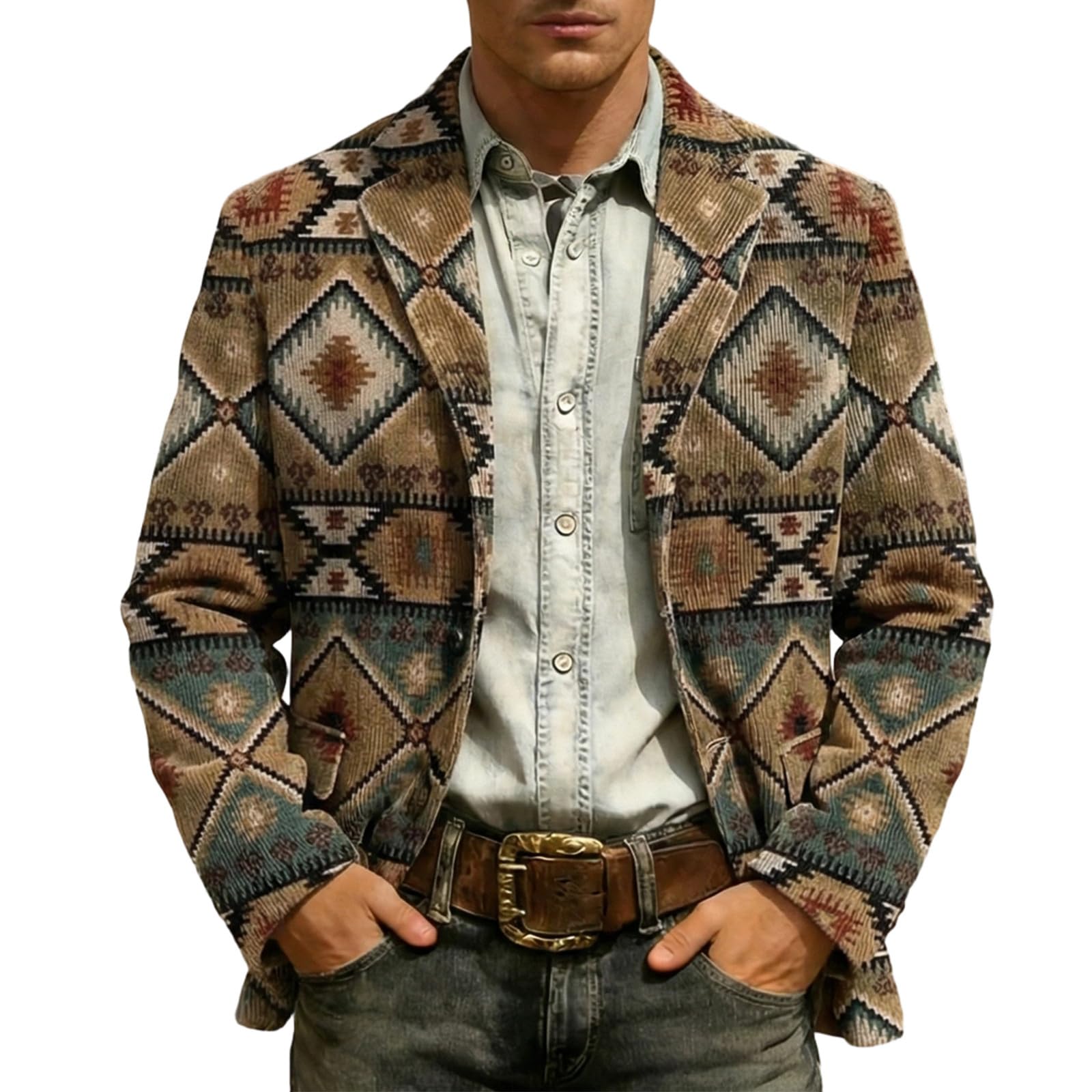 Generic Corduroy Blazer Mens Long Sleeve Vintage Suit Jacket Western Mens Jacket Hippie Costume Cowboy Double-Breasted Casual Jacket Lapel Outdoor Jacket Vintage Casual Blazer Comfortable Blazer