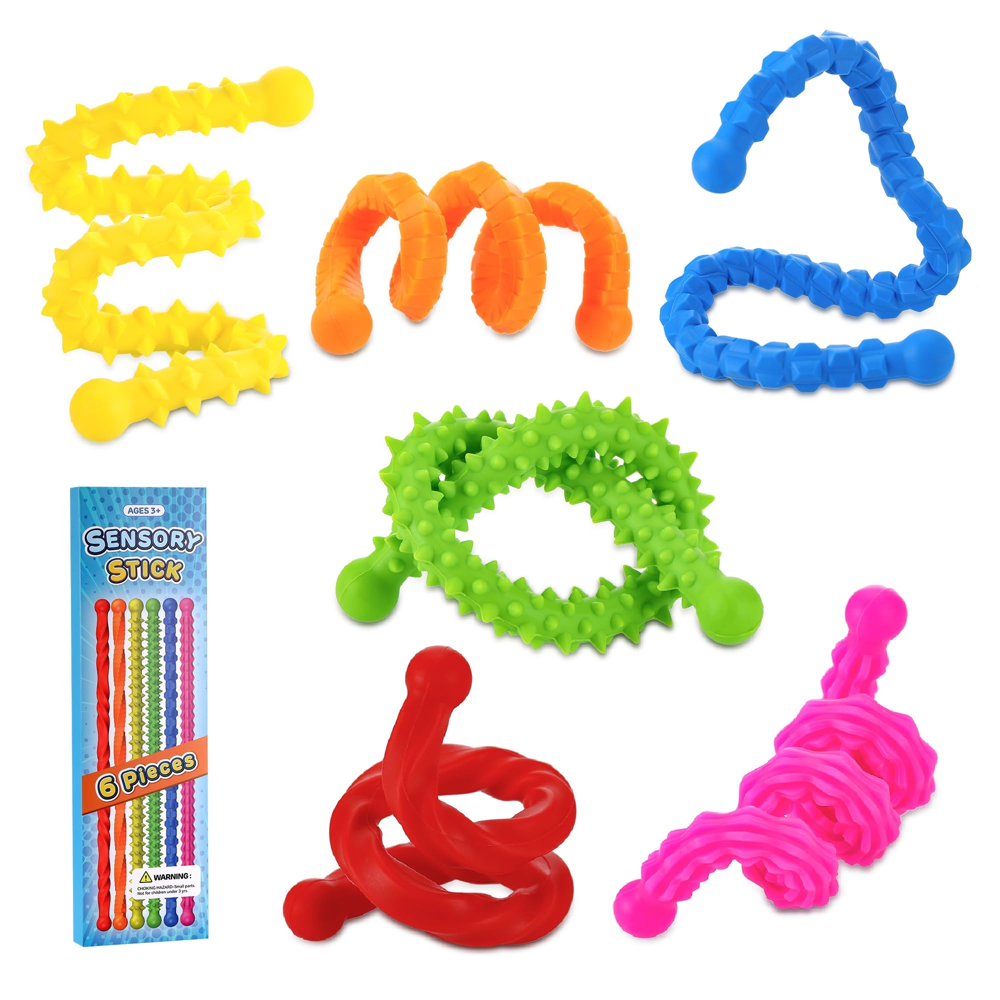 TranRantic 6 Pcs Fidget Toys Sensory Sticks for Kids Adults Textured Calming Sensory Toys for Autism Anxiety Stress Relief Travel Quiet Squishy Fidget Toy for Focus & Calm