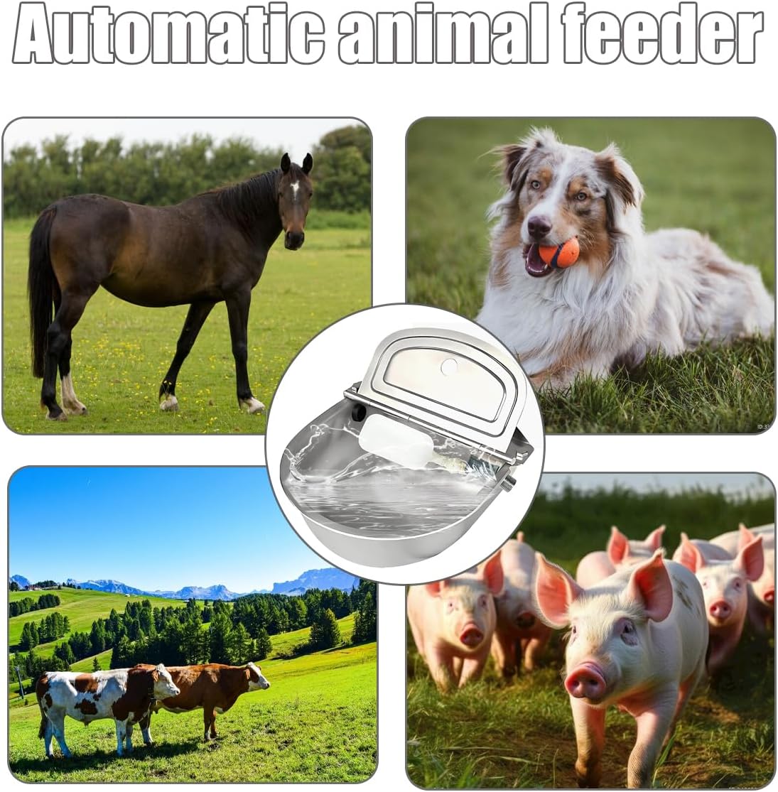Automatic Animal Drinking Horse Water Bowl Stainless-Steel Livestock Waterer with Float Valve, Large Capacity Outdoor Trough for Dogs Horse Goat Pig Cow