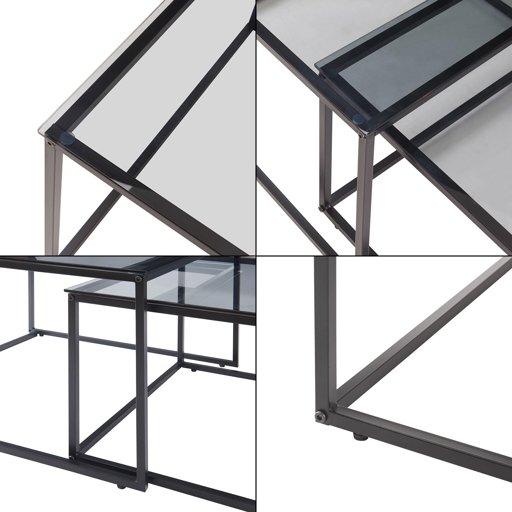 [en.casa] Lot de 2 Tables Basses Gigognes Ensemble de 2 Tables d'Appoint de Tailles Différentes Set de 2 Bouts de Canapé Design Industriel Gain de Place Acier Verre Trempé Noir Verre Fumé Gris