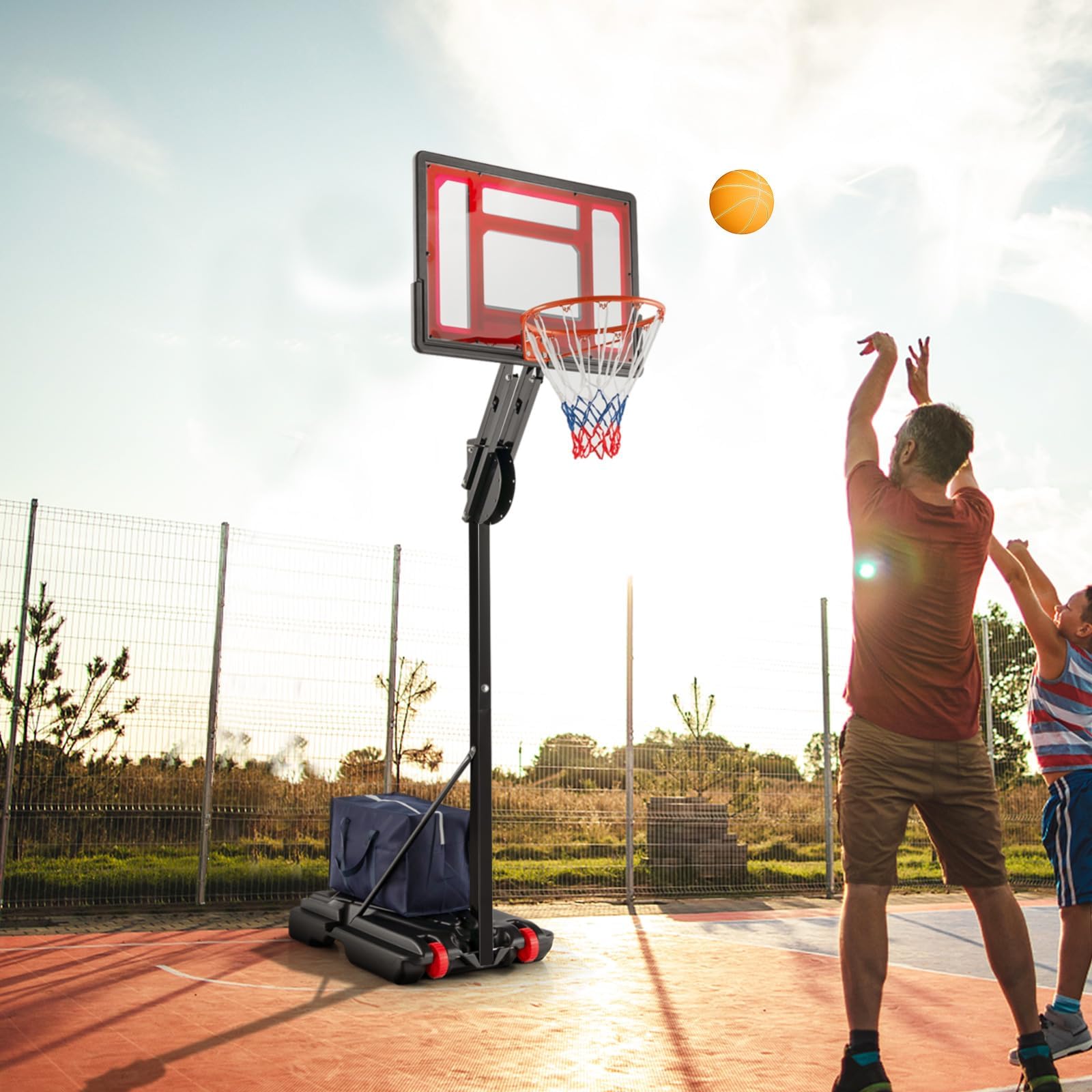 COSTWAY Basketballständer 105-260 cm höhenverstellbar, Basketballkorb Outdoor mit Ständer & 2 Rädern, Korbanlage mit Gewichtssack, Mobile Basketballanlage für Kinder, Jugendliche