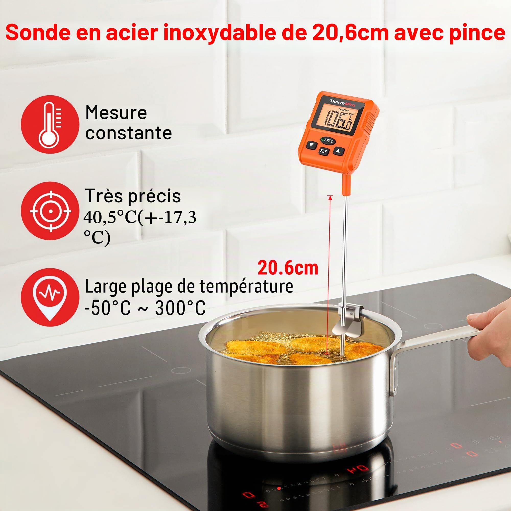 ThermoPro TP511 Thermomètre Numérique pour Bonbons avec Clip pour Pot, Thermomètre Alimentaire Programmable pour Viande avec Sonde Longue de 20cm pour Pâtisserie Grillade Bougie Huile Liquide Friture