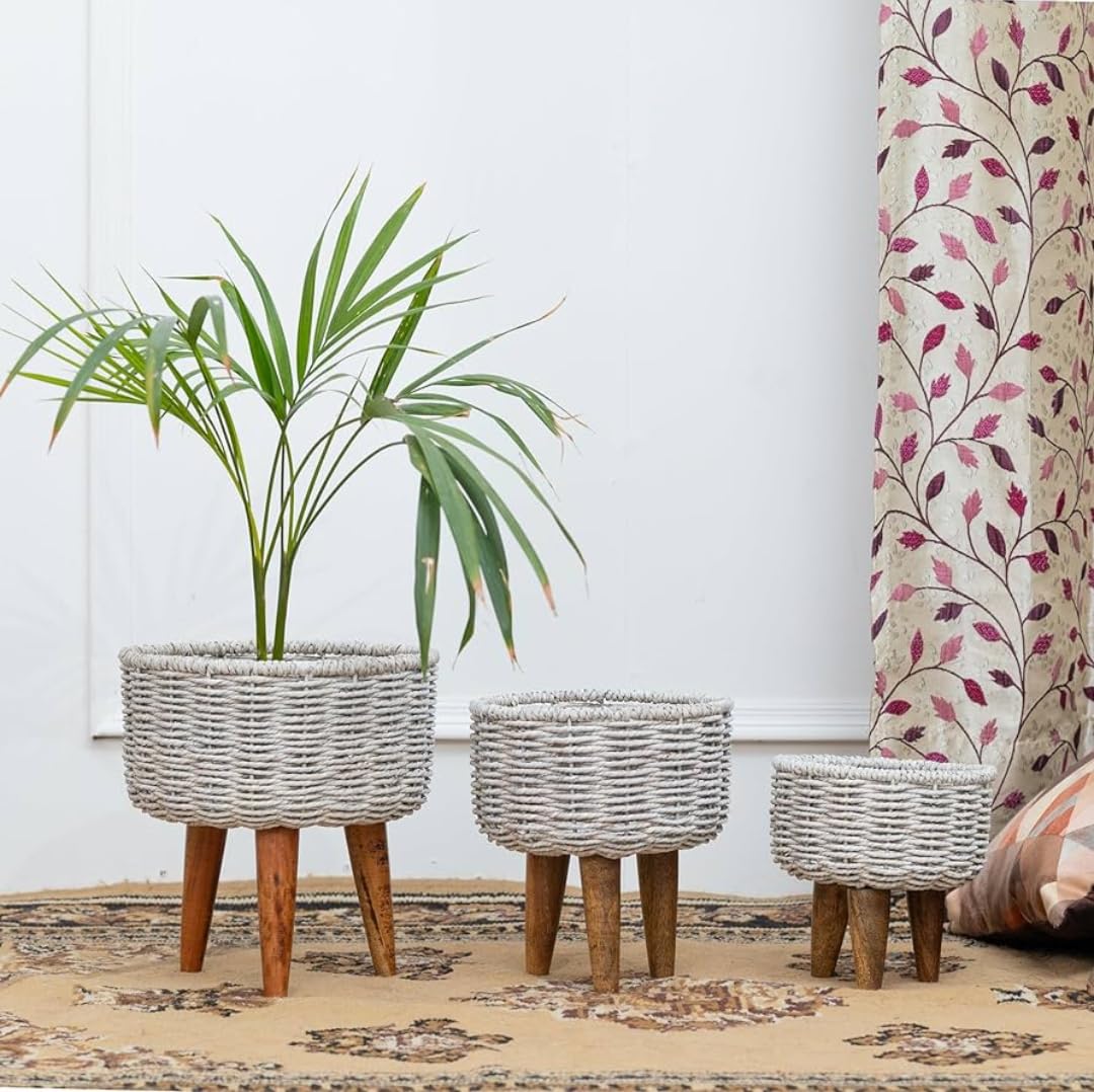 SP Handmade Twisted Jute Rope Seagrass Planters with Tripod Stand for Indoor Plants/Jute Baskets/Plant Container/Gamla for Home Decor & Outdoor Balcony/Garden - (White, Set of 3) (B07KS4LJ88) Amazon Price History, Amazon Price Tracker