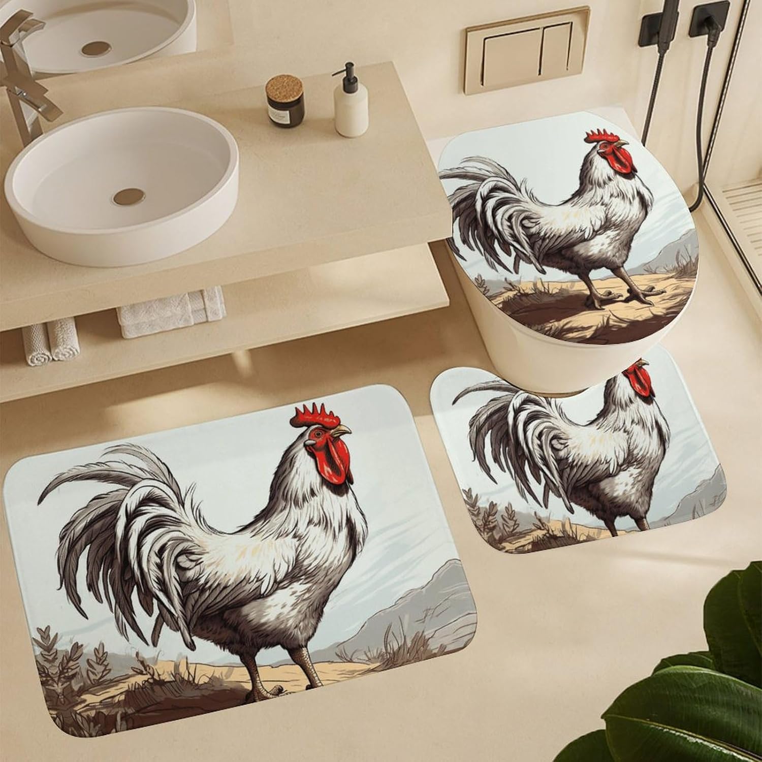 Anti-Skid Floor Mats 3 Piece Set,Chicken Sketch Printed Coral Fleece Bathroom Mats U-Shaped Contour Mat Toilet Seat Cover for Bathroom, Tub, Shower, Kitchen 19.7"x31.5"