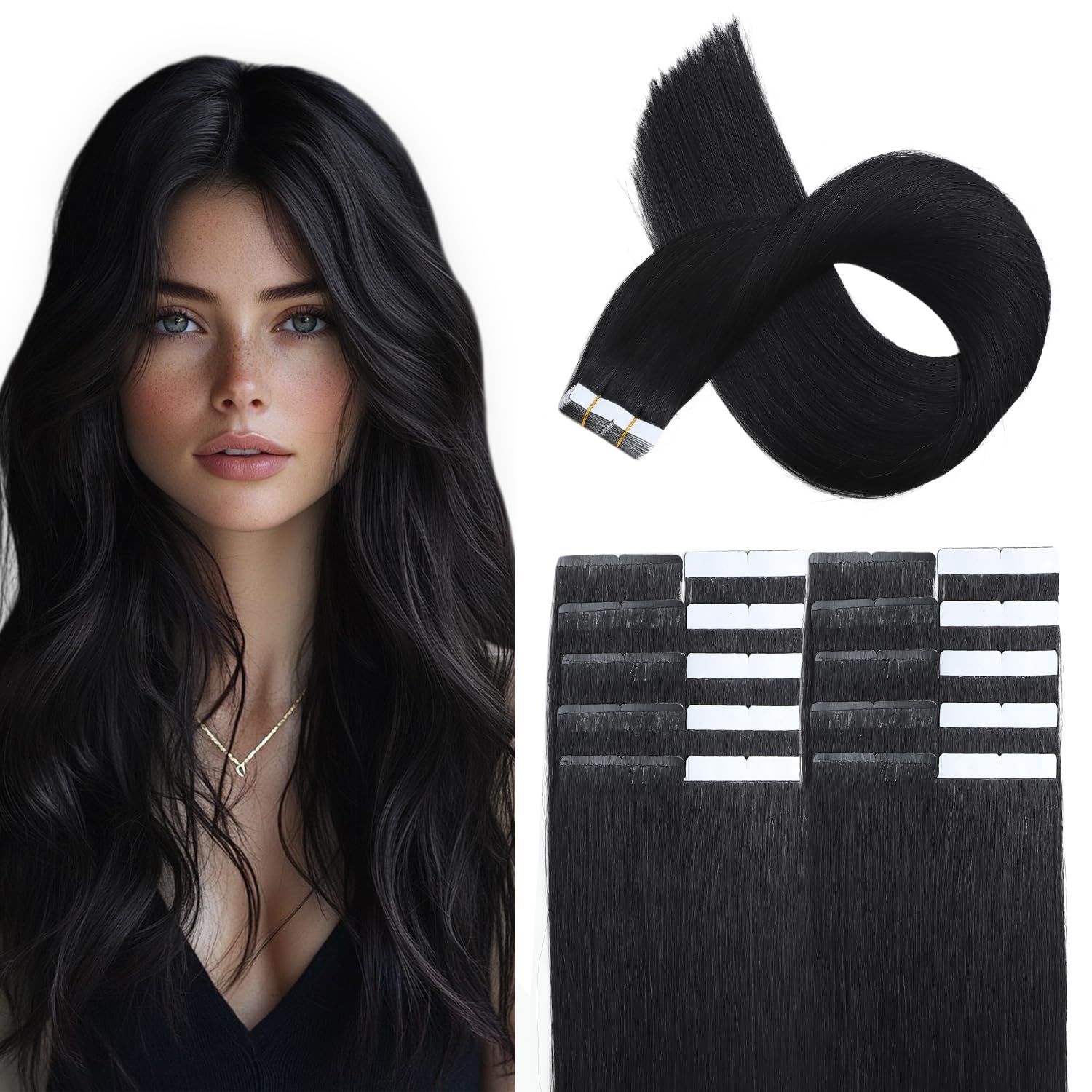 XDhair Tape Extensions Echthaar 20pcs 50g 35cm Jet Black Remy Echthaar Extensions Invisible Seidig Gerade Skin Weft Tape Ins Natürlich Erweiterungen (#1-14)