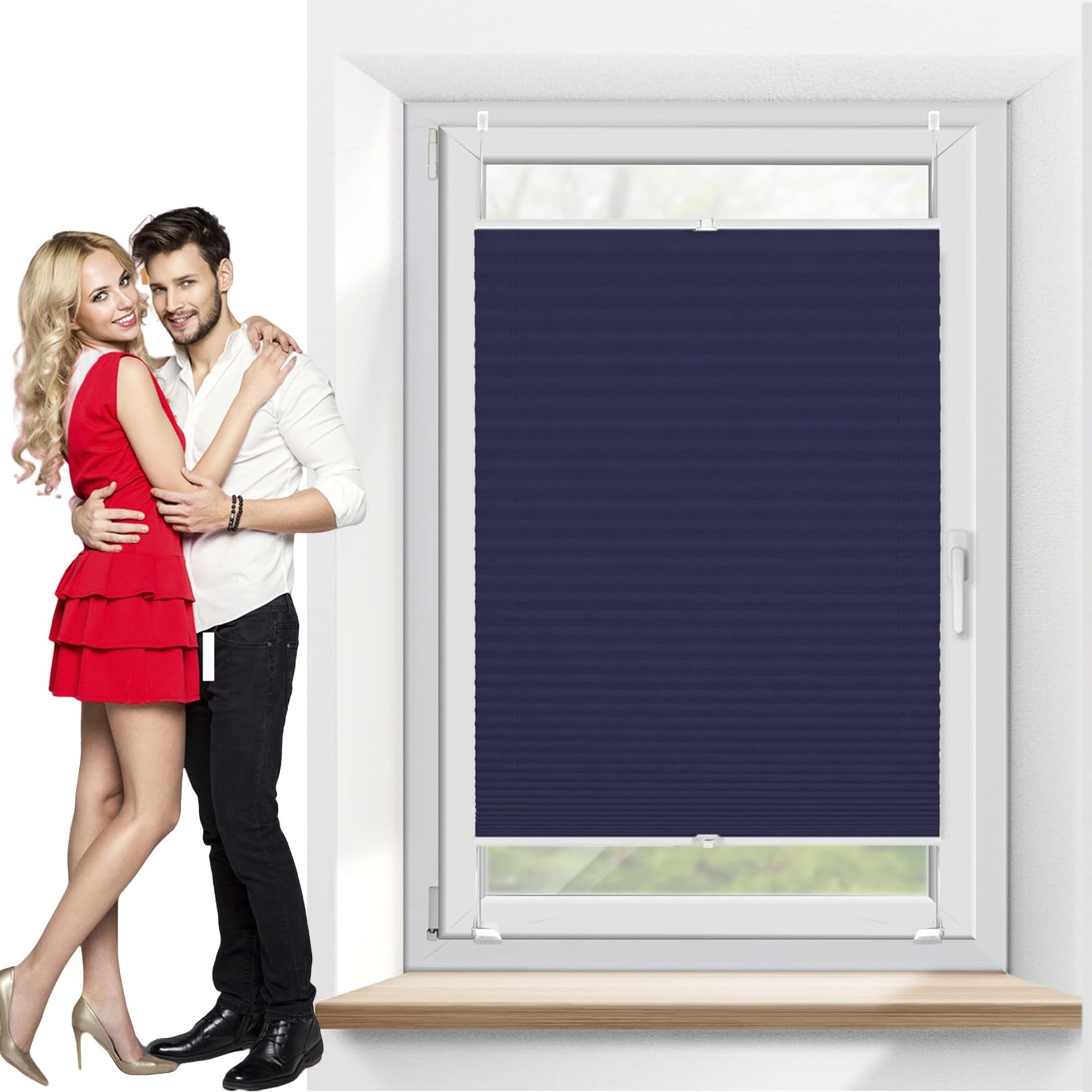 Huanqin Navy Blue No Drill Blinds Instant Temporary Blinds 70 X 95 Cm (W X H), Easy To Install No Tools Needed Quick Fix, Self Adhesive Blinds Window Shades, Pleated Window Blinds, For Window Door,