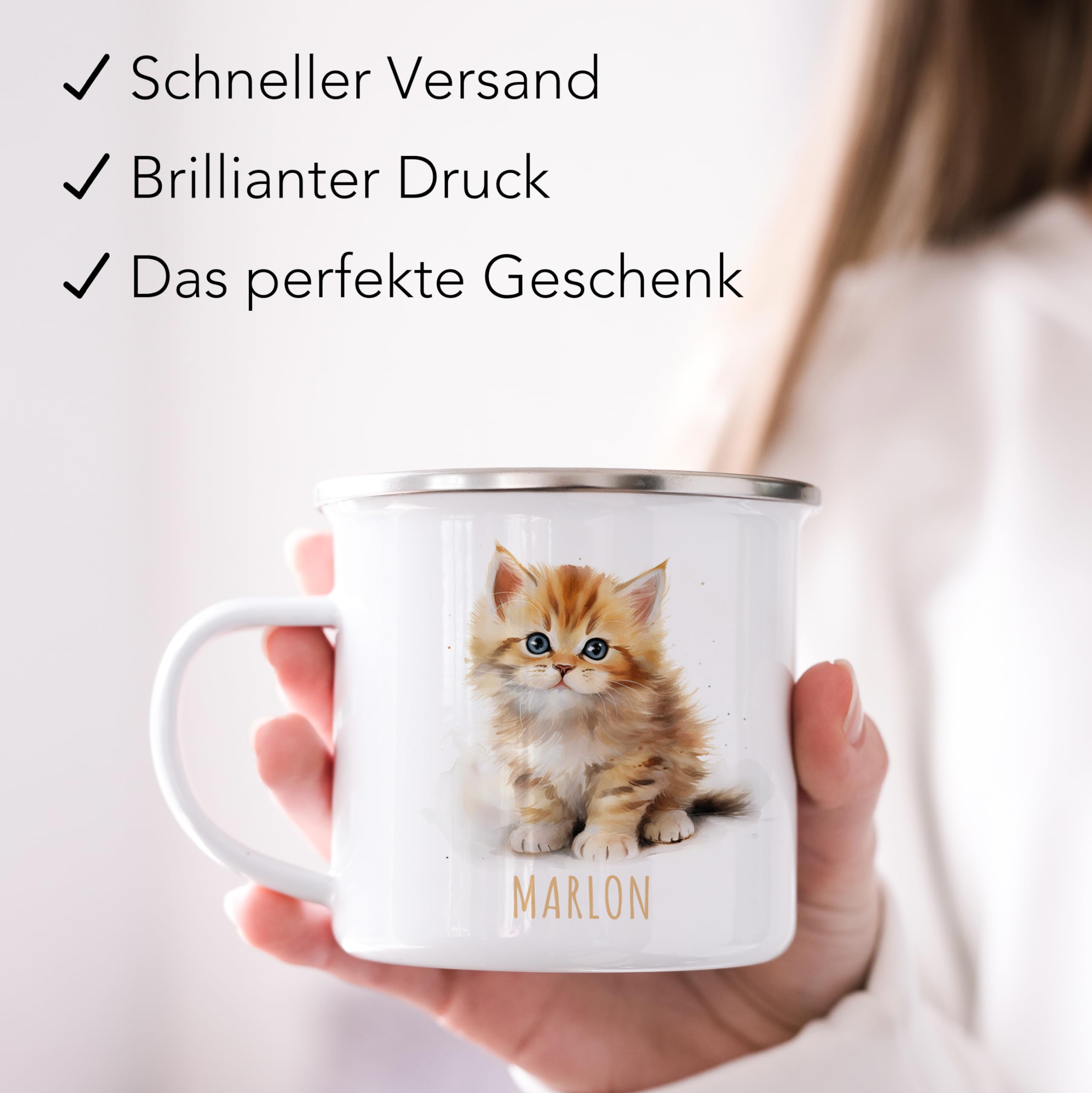 Katze Emaille Tasse Kinder Trinkbecher personalisierte Kindertasse mit Namen süßer Kinderbecher für Mädchen & Jungen Geschenk Emaille Becher 300 ml