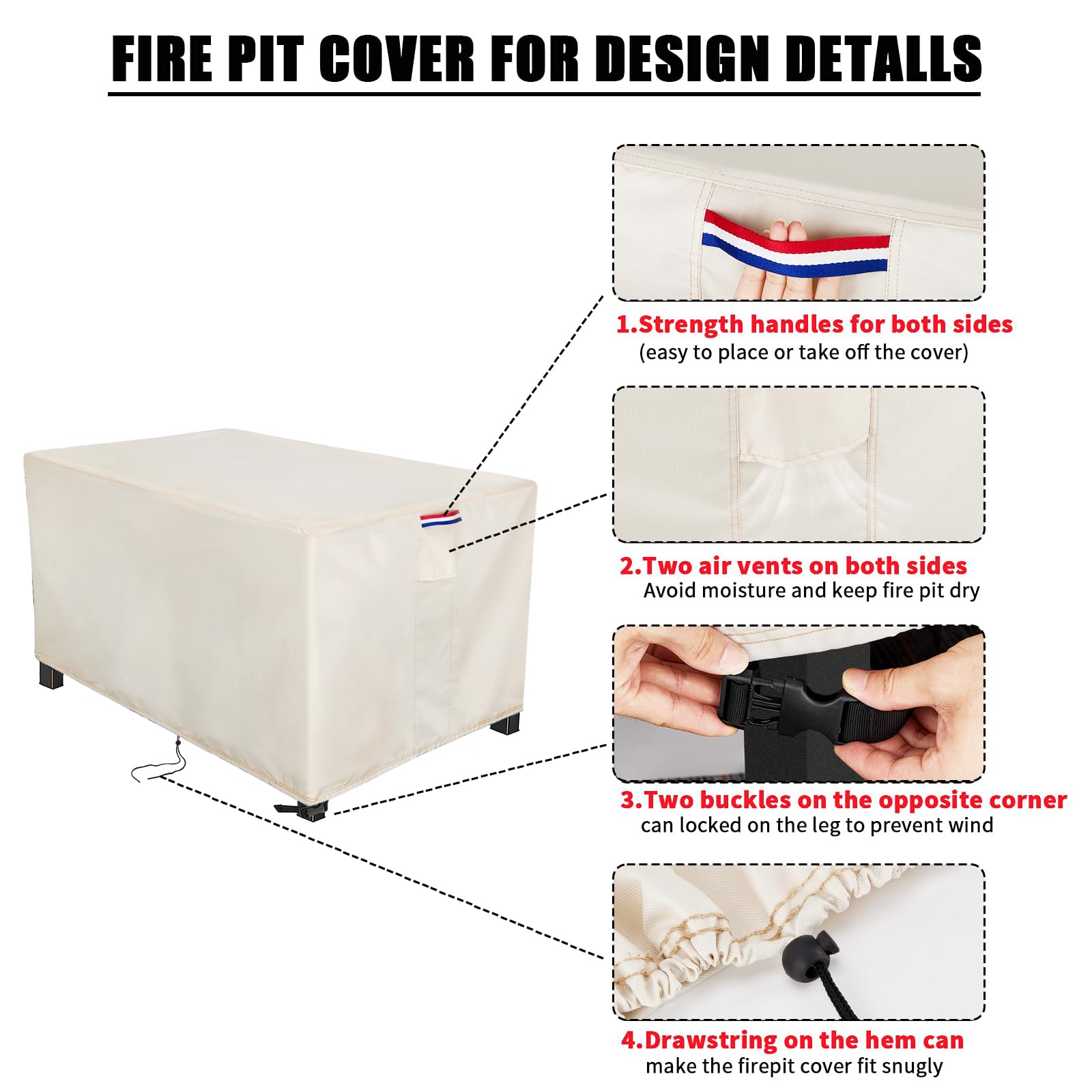 Youlvy Fire Pit Cover Rectangular Waterproof 600D, 58 x 36 x 24 Inch Beige