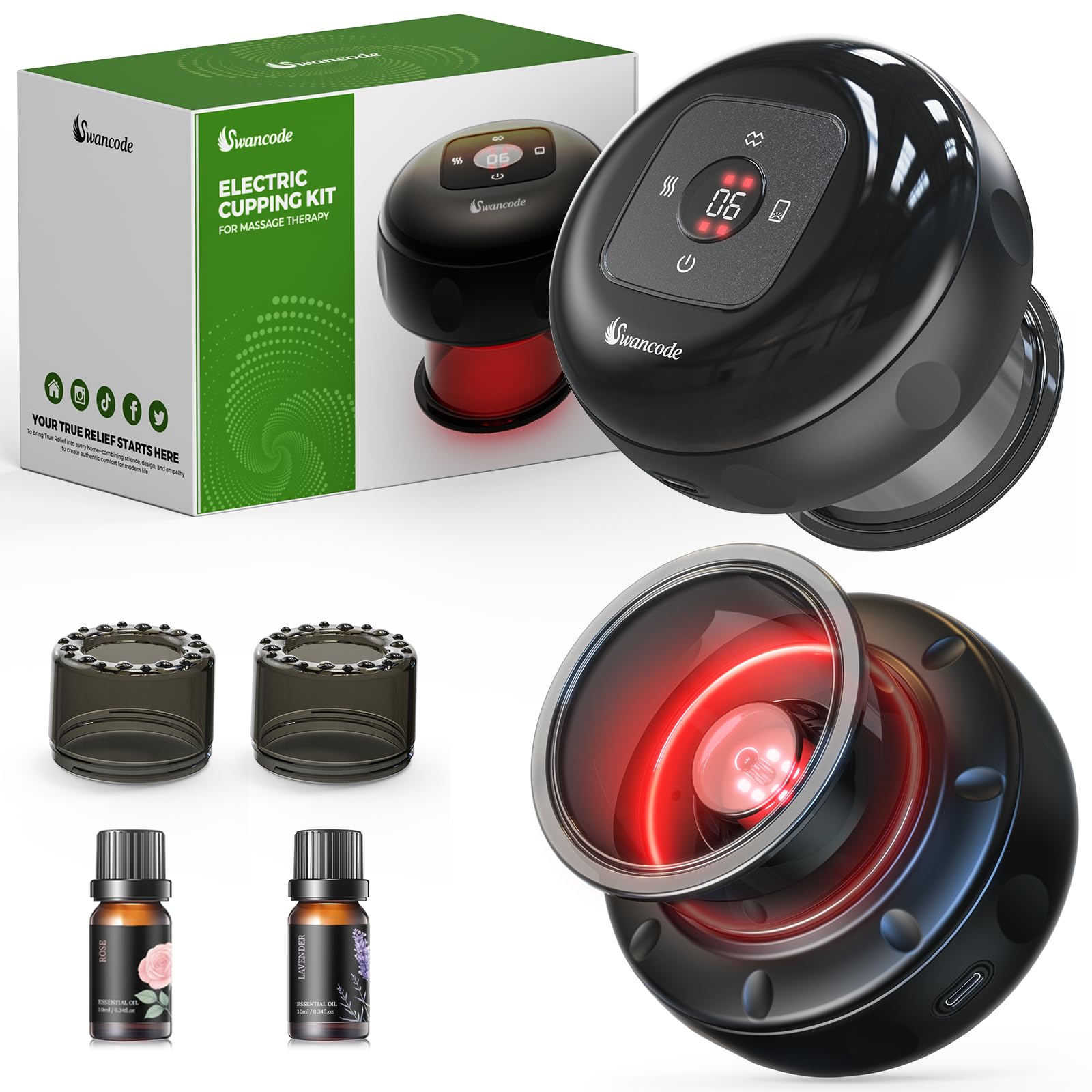 Set di 2 coppettazioni dinamiche intelligenti 5 in 1, dispositivo elettrico per coppettazione con luce rossa, massaggiatore riscaldato con aspirazione e calore a 12 livelli, macchina per coppettazione